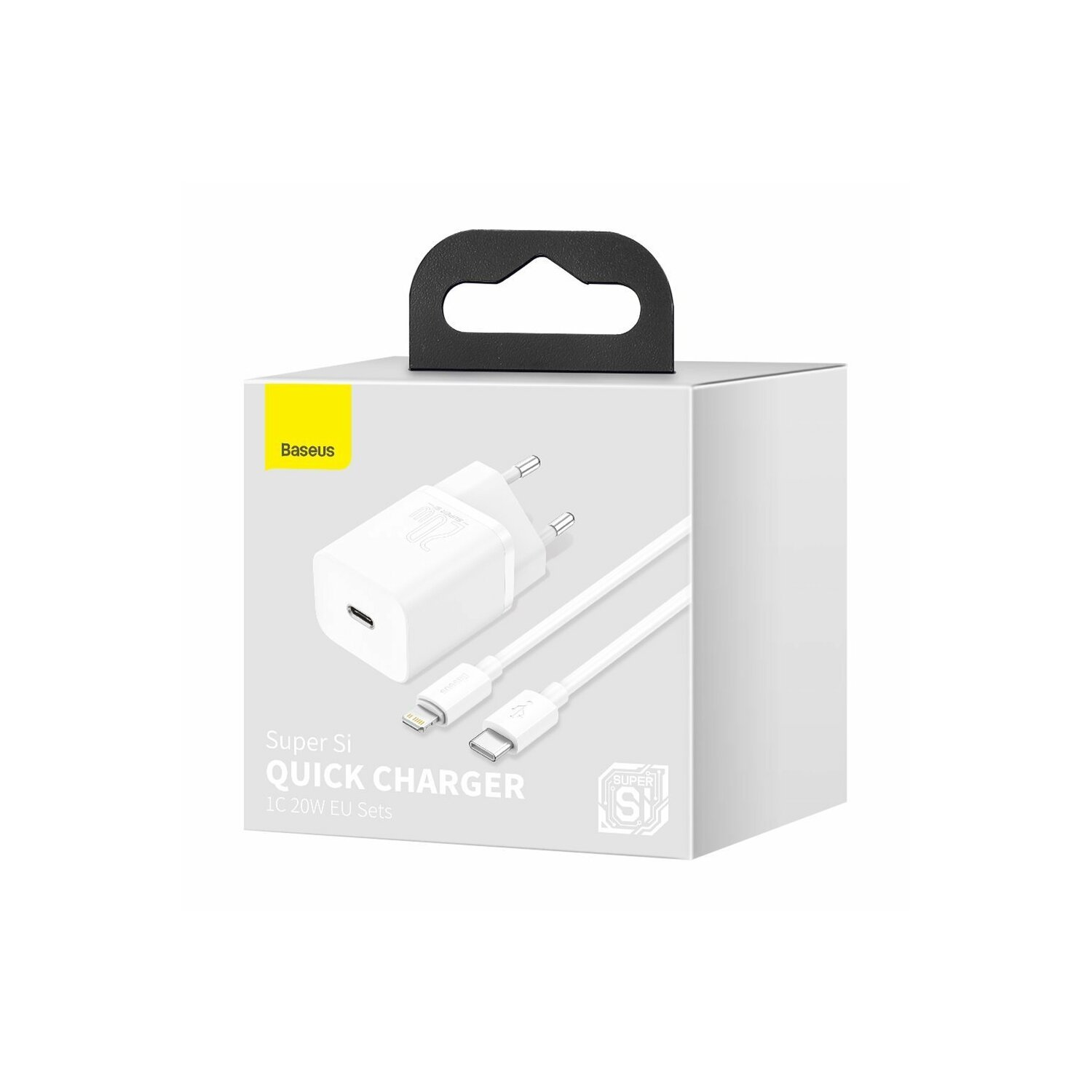 Une boîte blanche avec un chargeur et un câble blancs. La boîte porte la marque 'Baseus' en haut.