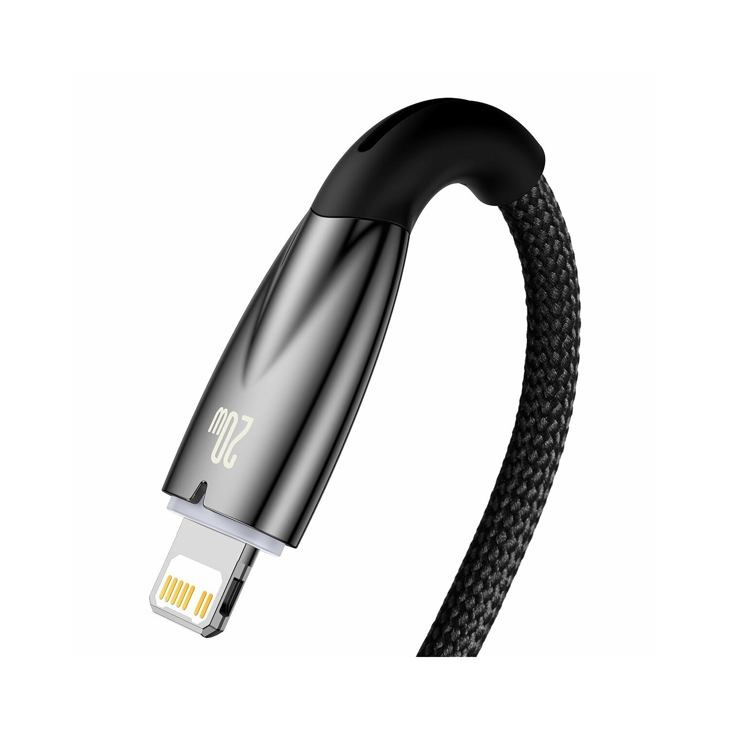 Cavo caricatore iPhone nero con etichetta 20w. Cavo intrecciato nero.