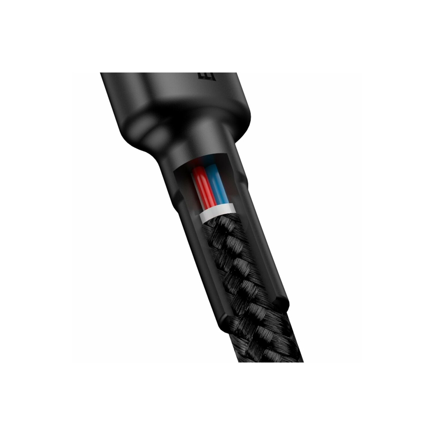 Zbliżenie czarnego, plecionego kabla z widocznymi czerwonymi i niebieskimi przewodami w środku.