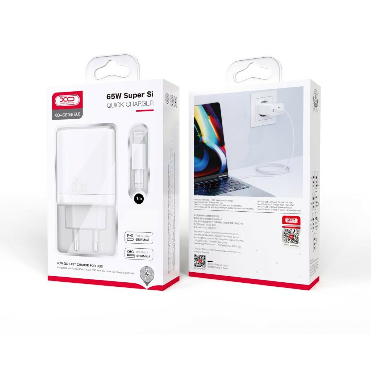 Weißes Ladegerät und Kabel mit Verpackung. Liest 65W Super Si Quick Charger.