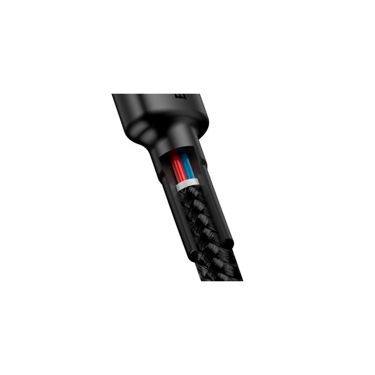 Zbliżenie kabla z odciętą osłoną, ukazujące czerwone i niebieskie przewody.