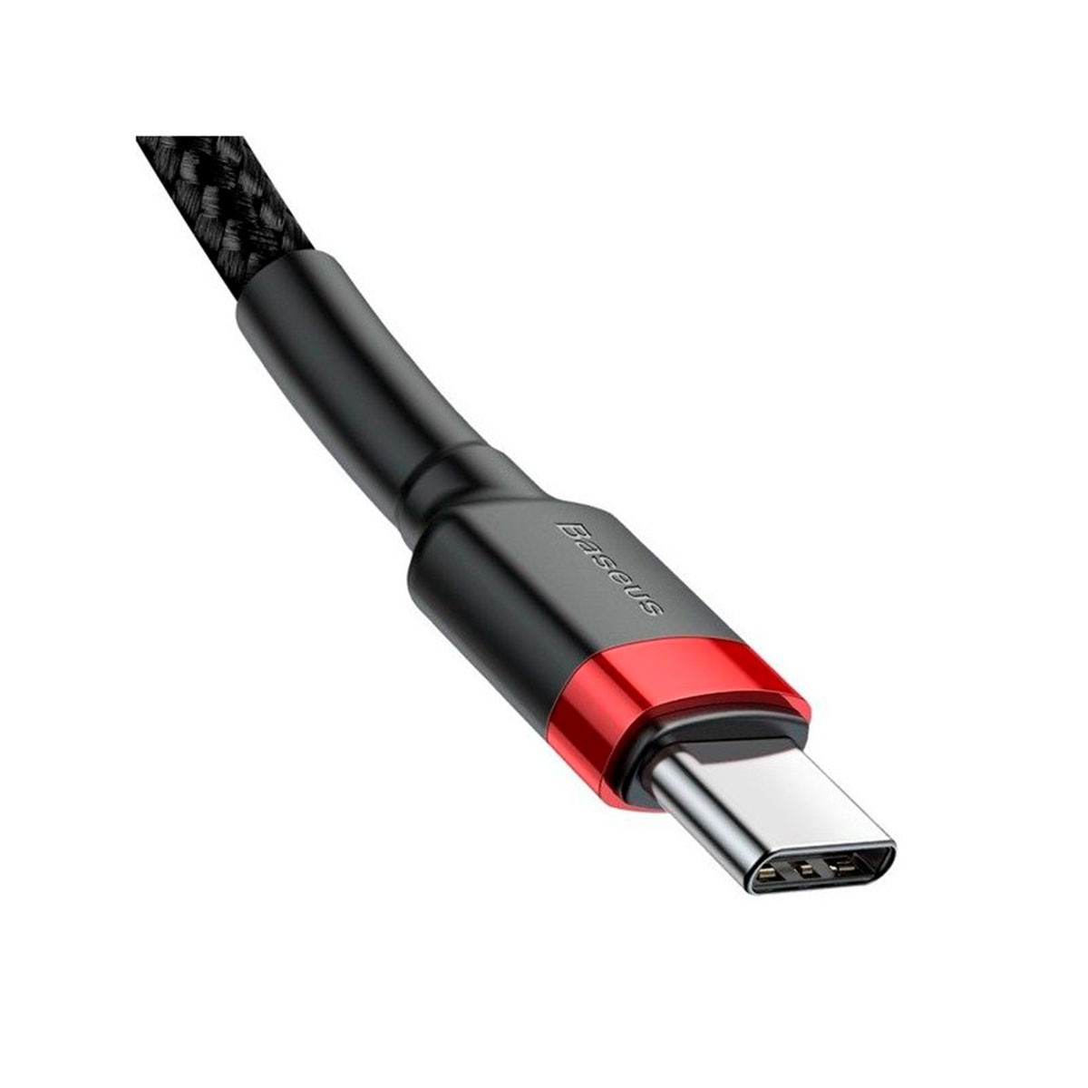 Czarny i czerwony kabel USB-C z napisem "Baseus" na obudowie złącza.
