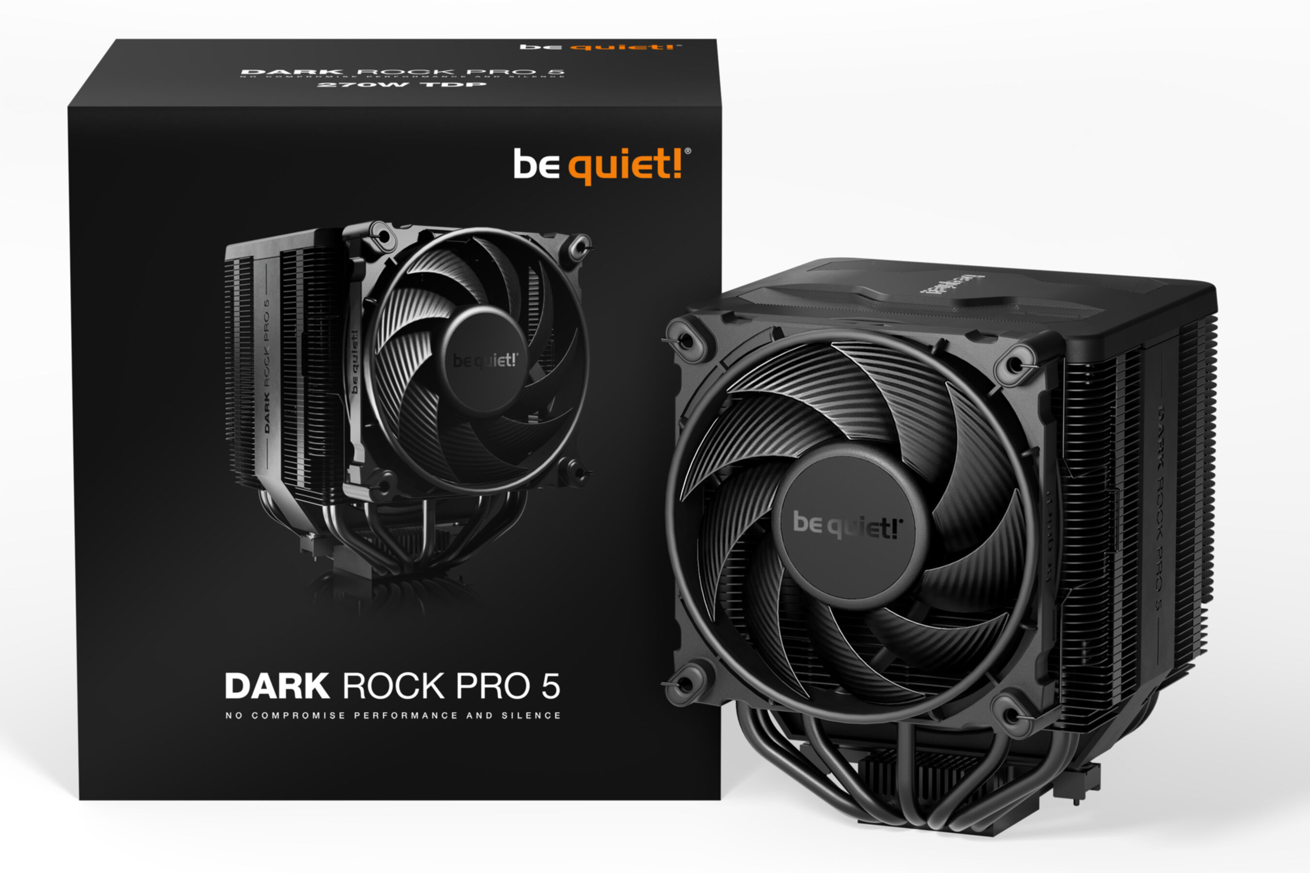 Czarny cooler CPU be quiet! Dark Rock Pro 5, z pudełkiem, na białym tle.