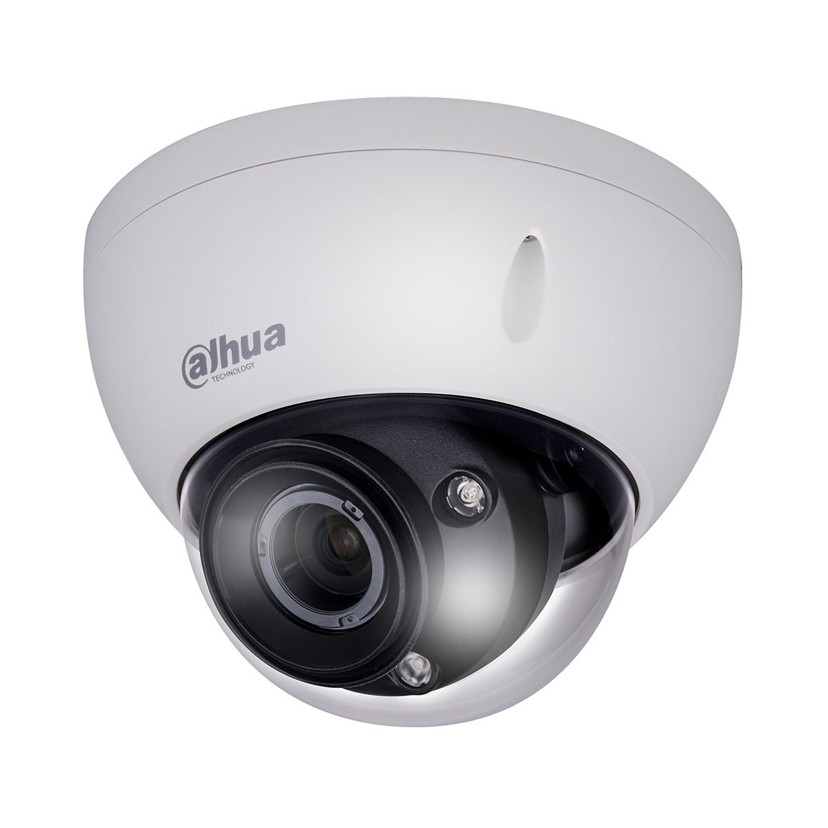 Telecamera di sicurezza a cupola bianca con parte anteriore nera. È montata su una superficie bianca.
