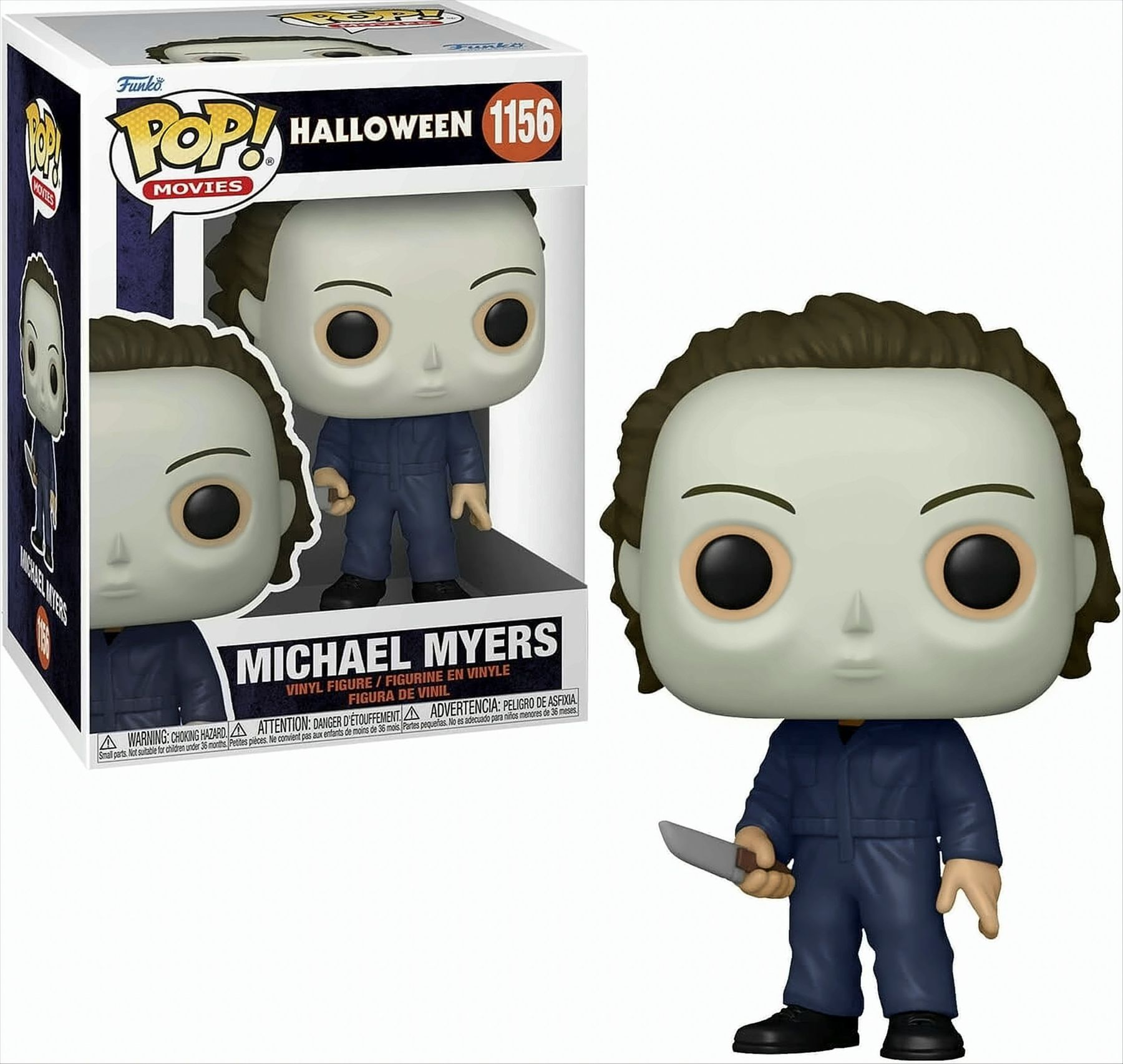 Eine Funko Pop Figur von Michael Myers aus Halloween, in einer Box, mit einem Messer. Weißer Hintergrund.