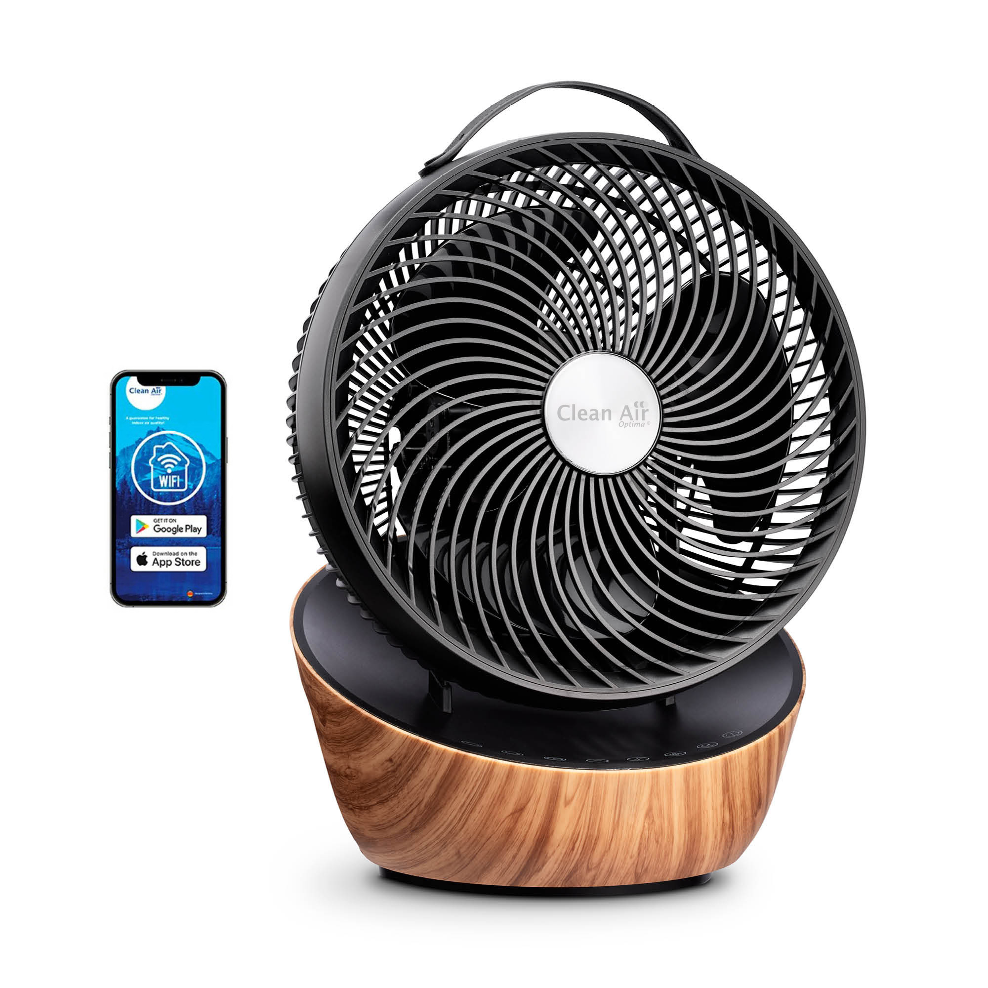 Schwarzer Ventilator mit Holzsockel. Smartphone mit App links. Ventilator auf weißem Hintergrund.