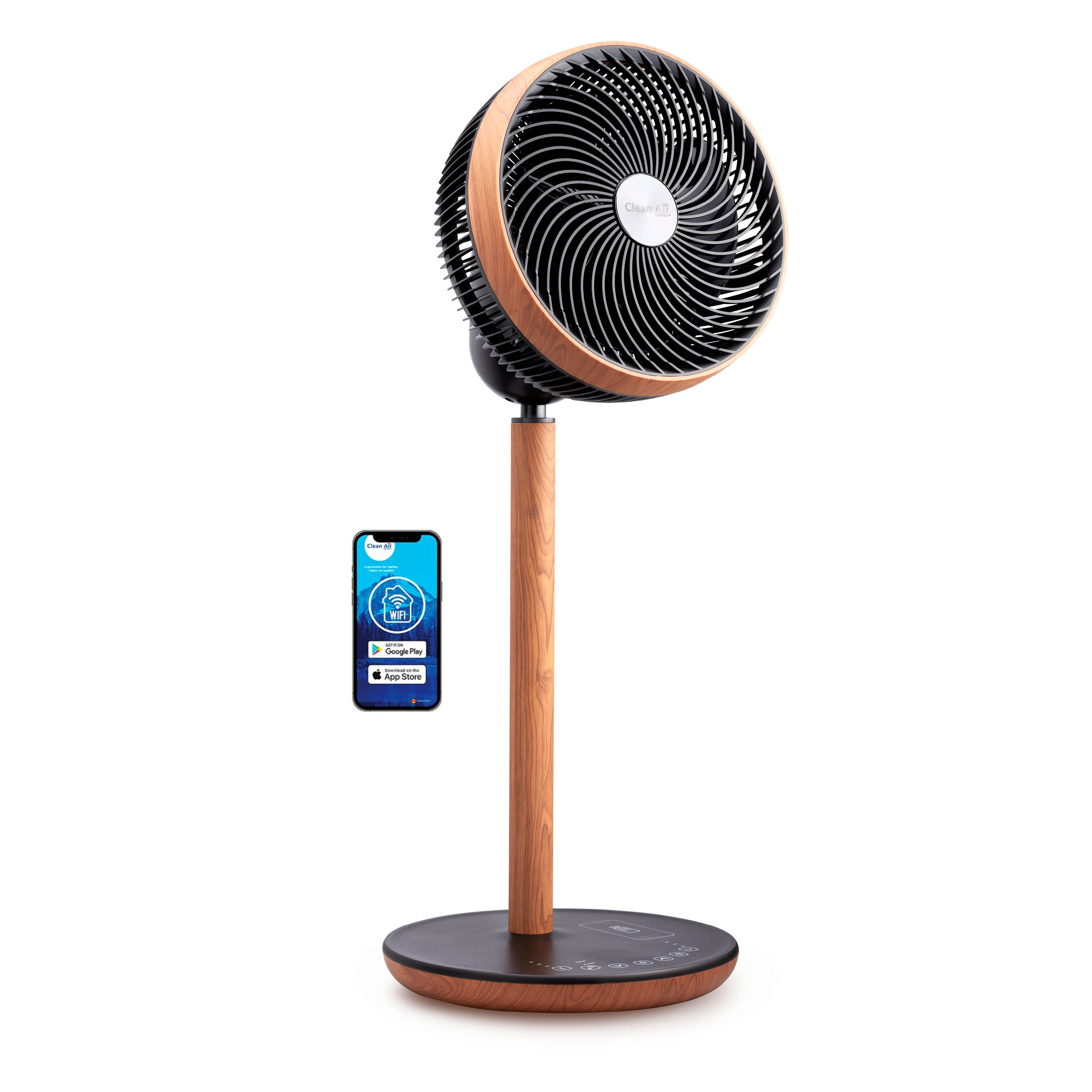 Schwarz-holzfarbener Ventilator mit einem Telefon. Der Ventilator hat ein Smart Home App-Logo.
