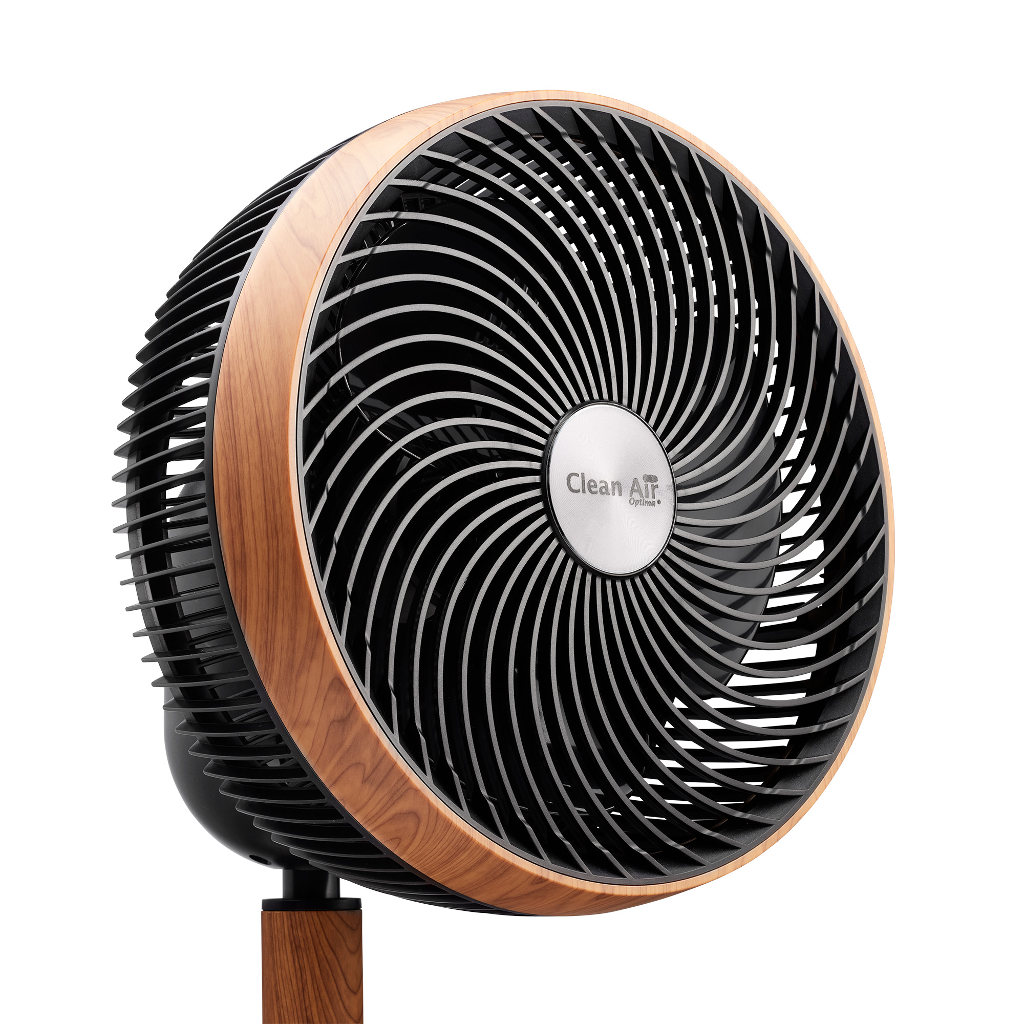 Schwarz-Holzfarbener Ventilator mit Clean Air Logo auf weißem Hintergrund.