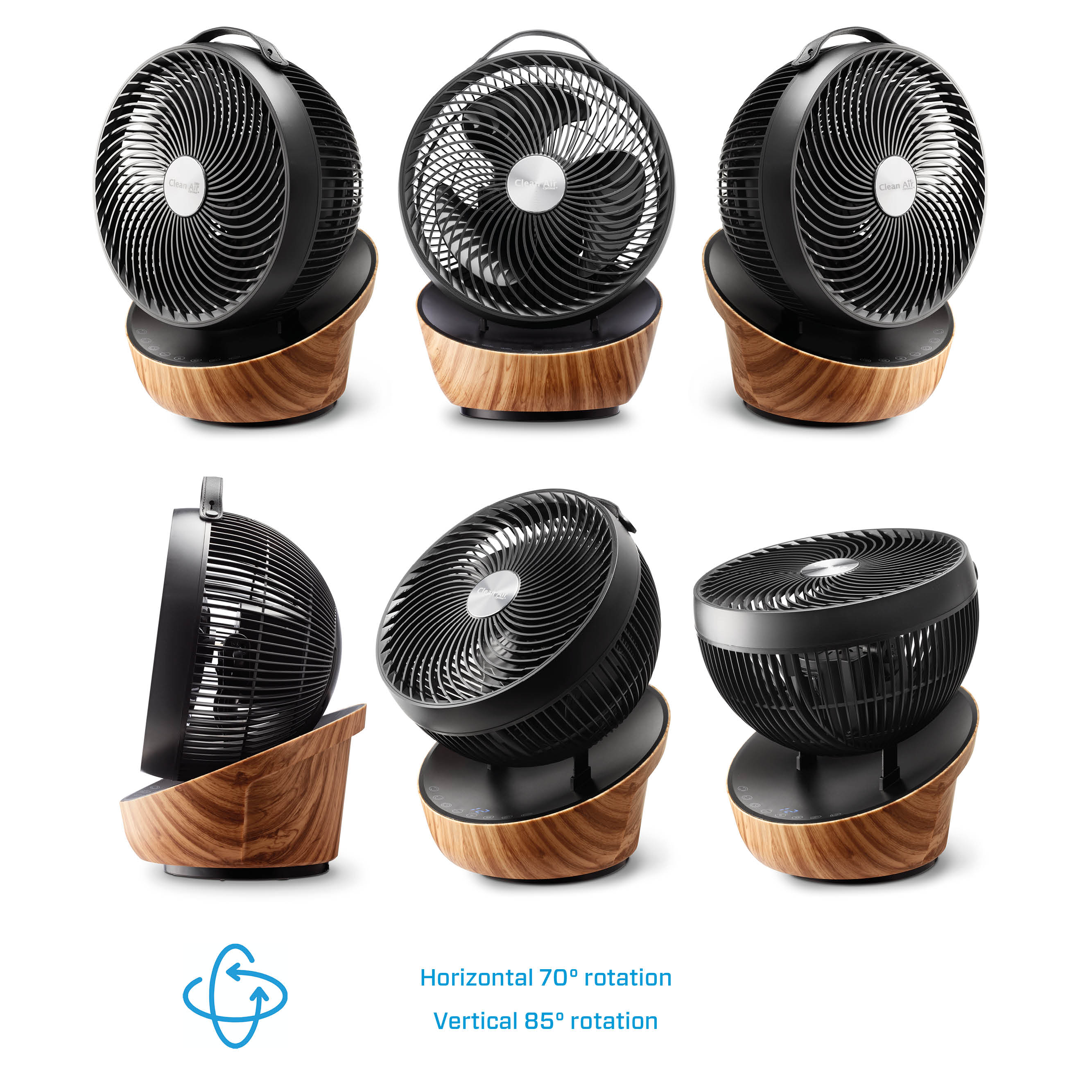 Mehrere Ansichten eines schwarzen Ventilators auf einem Holzsockel. Horizontale und vertikale Rotationsdetails sind enthalten.