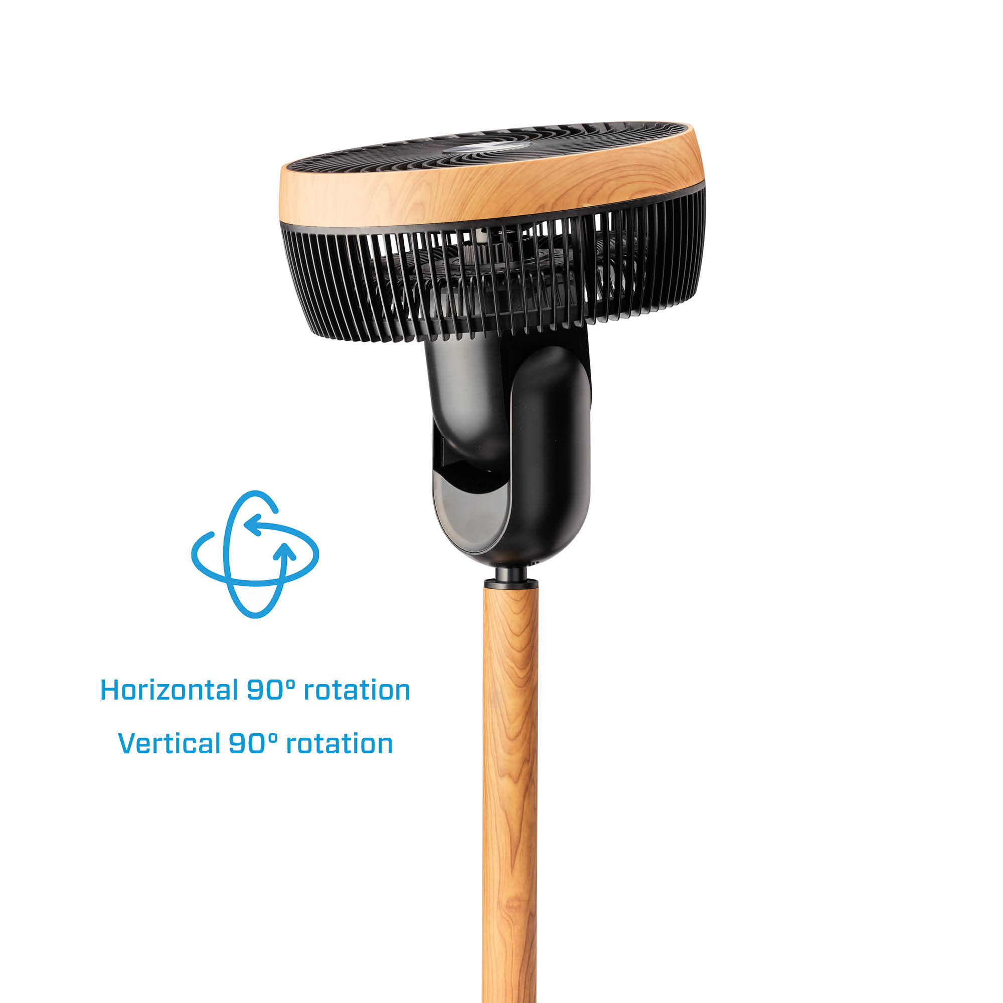 Schwarz-Holzfarbener Ventilator mit horizontaler und vertikaler 90°-Drehung.