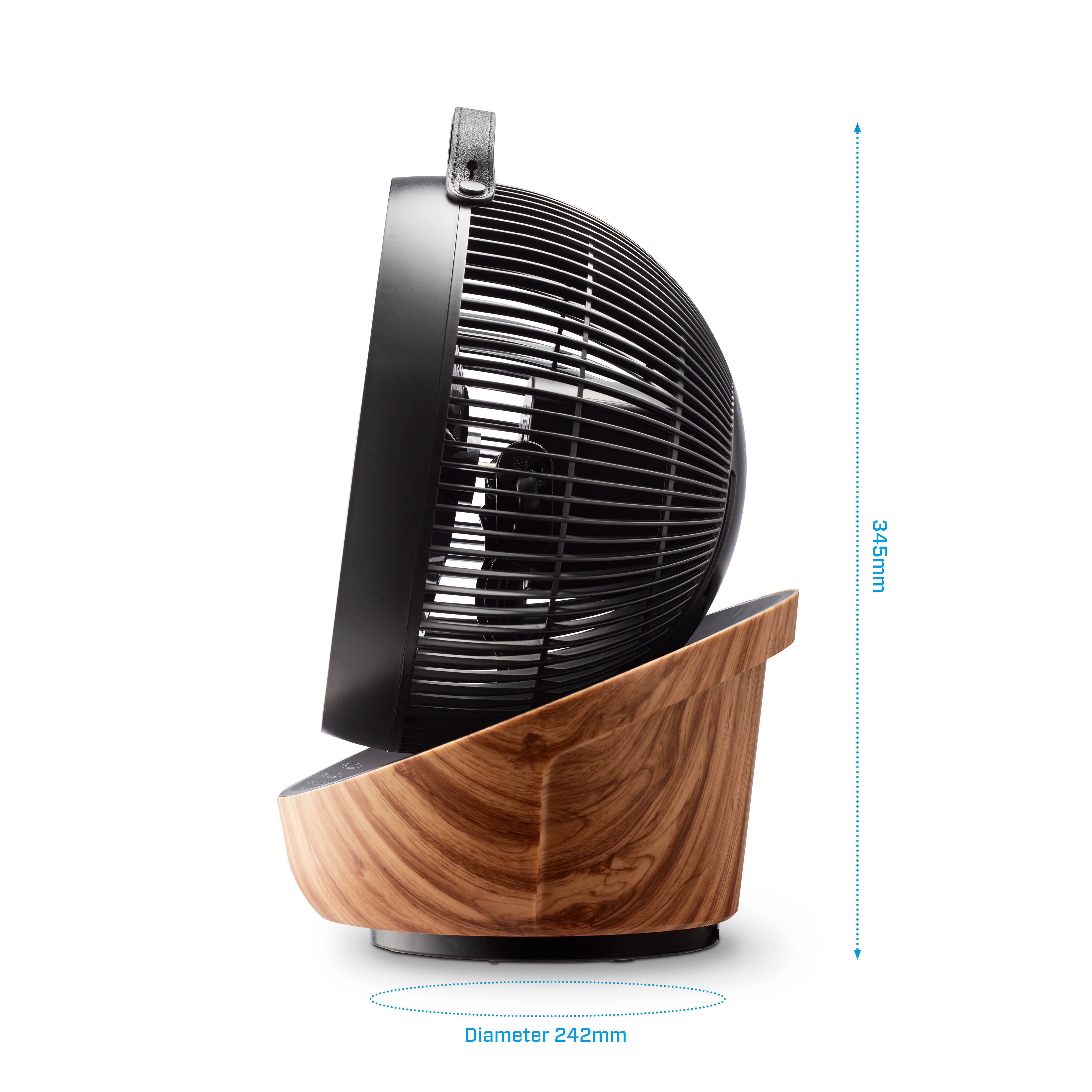 Ein schwarz-brauner Ventilator. Er hat einen Griff und misst 345mm hoch, 242mm Durchmesser.