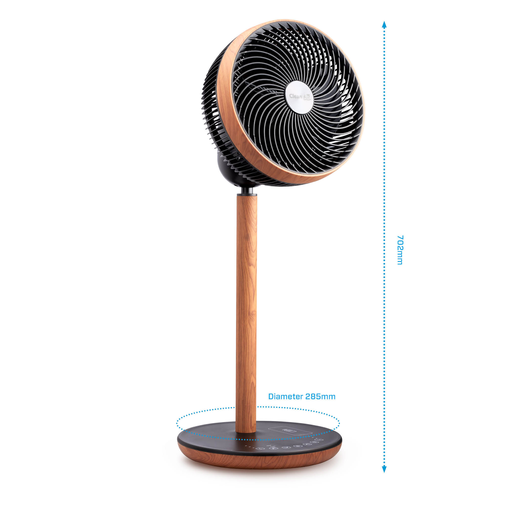 Ein moderner Standventilator mit Holzsockel und Akzenten. Es hat einen schwarzen Fankopf und ein digitales Display.