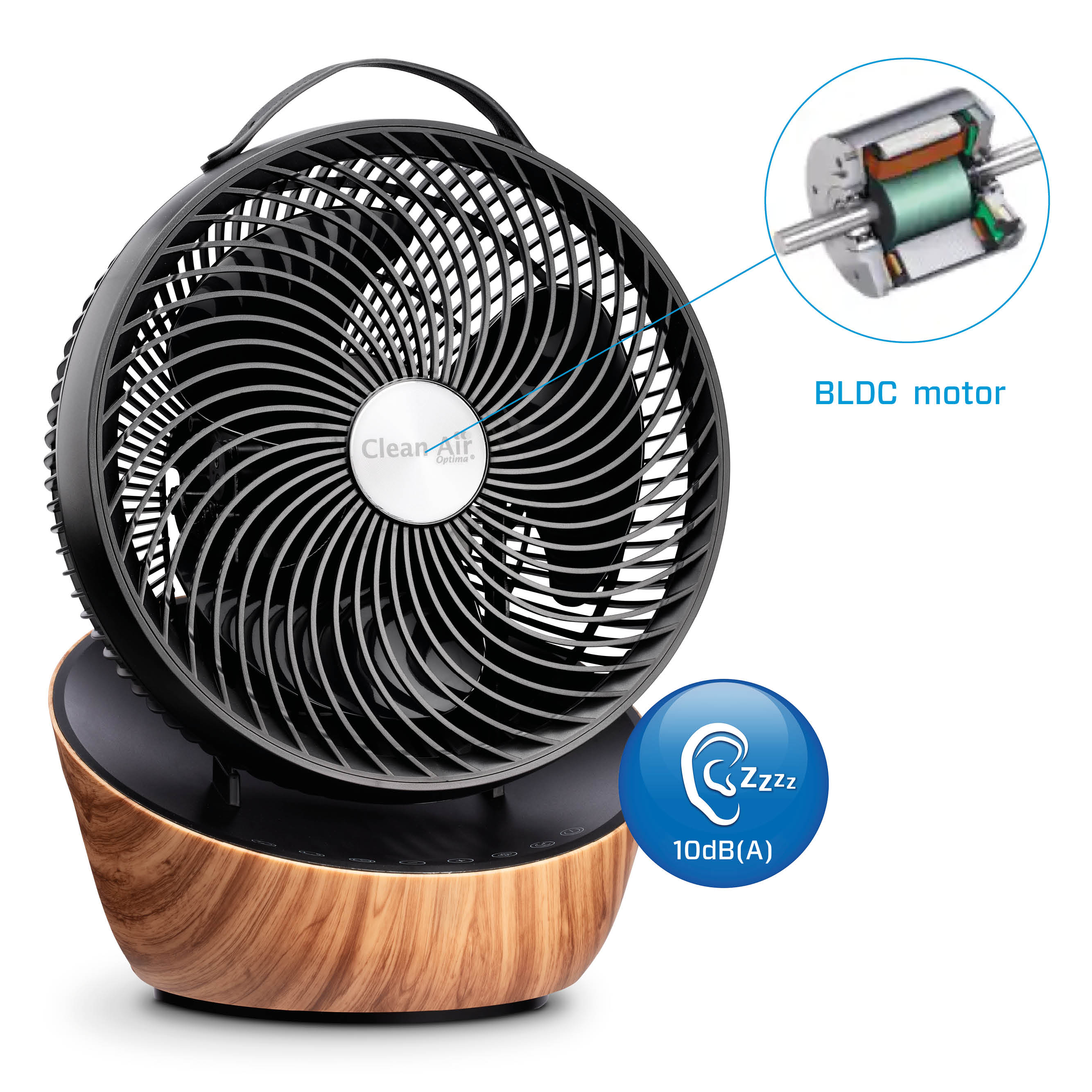 Tischventilator, schwarze Blätter, Holzsockel, mit BLDC-Motordetail und Geräuschpegel-Symbol.
