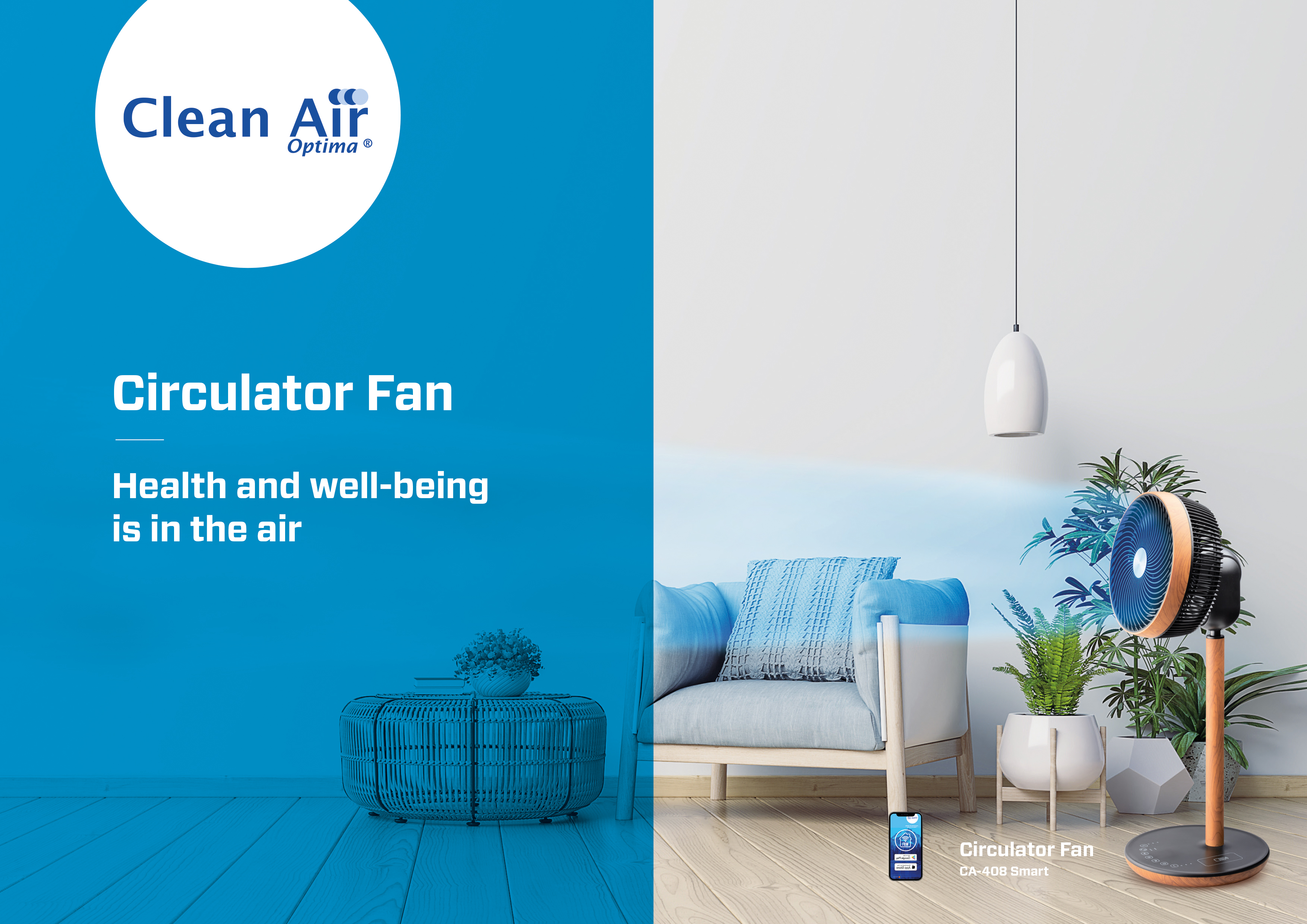 Ein Raum mit blauem und weißem Thema. Rechts ist ein Umluftventilator. Links sind Sofa und Pflanzen.