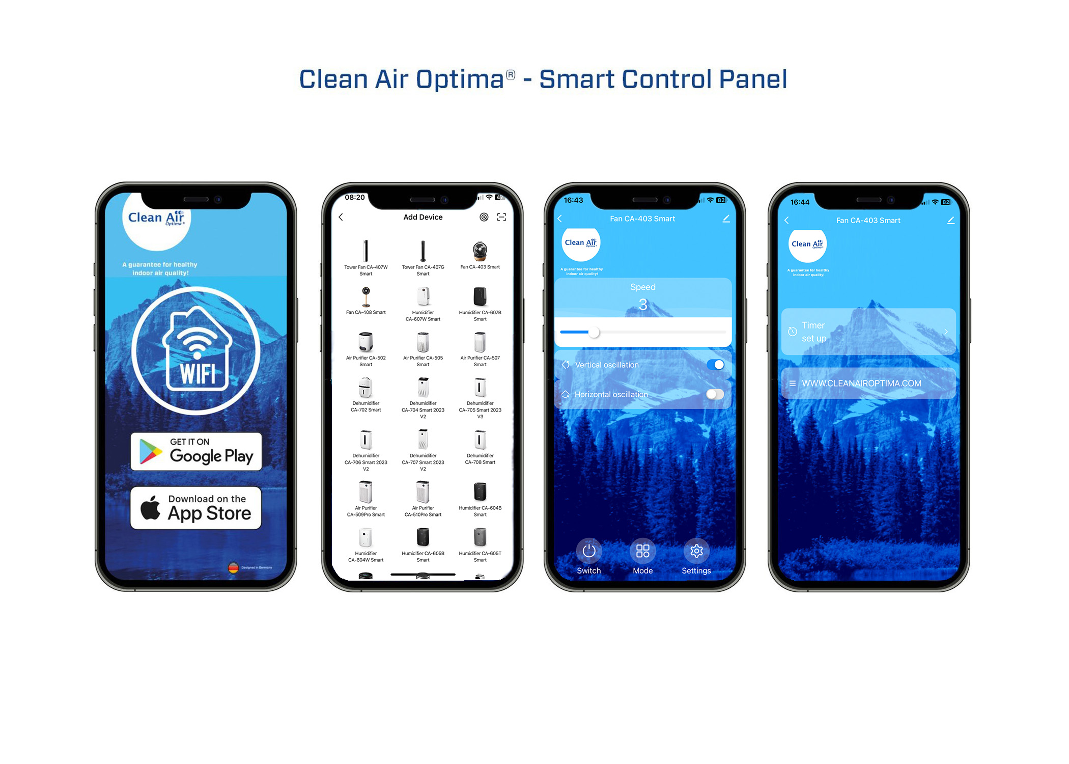 Vier Telefonbildschirme, die eine Benutzeroberfläche der Smart-Control-Panel-Anwendung anzeigen.