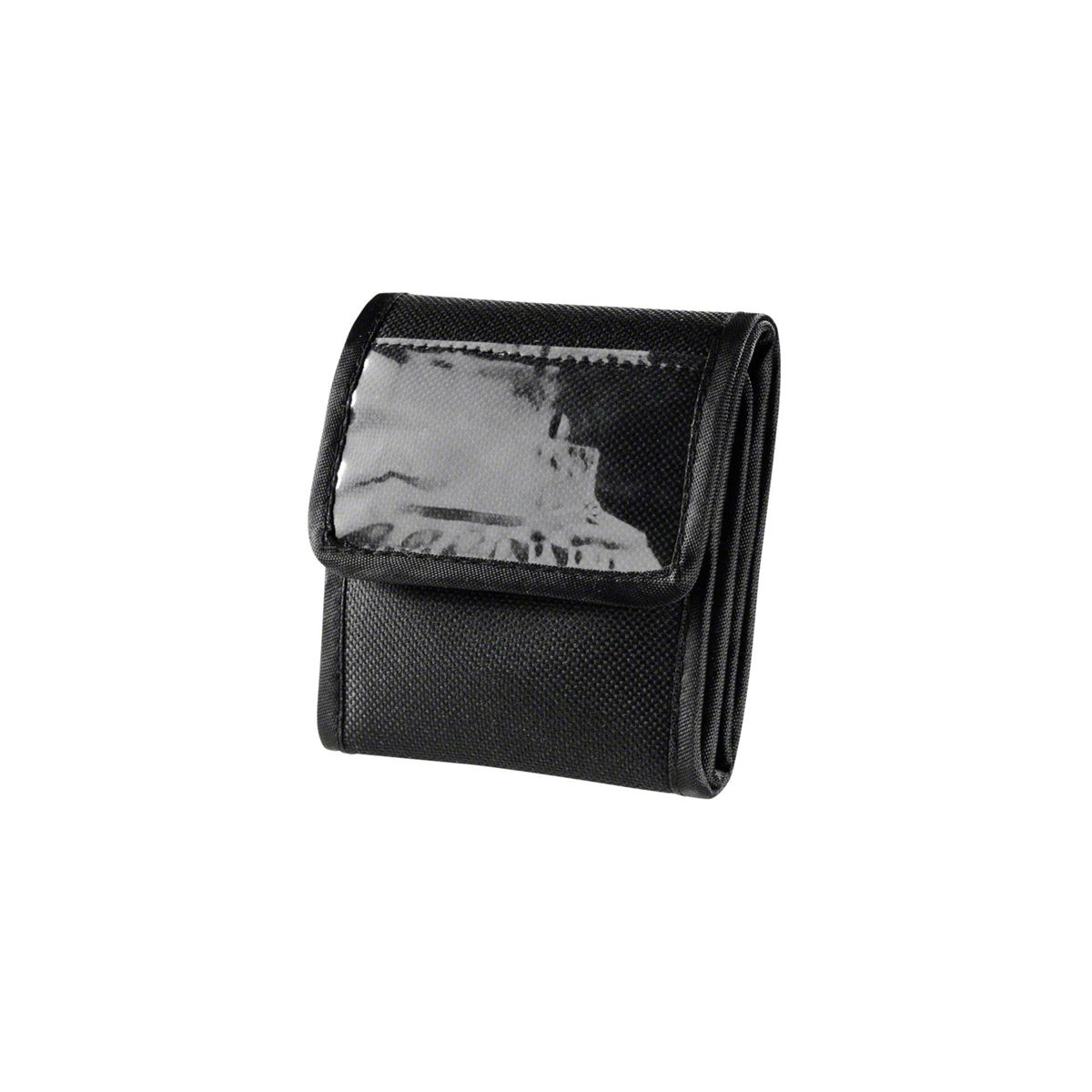 Kleine schwarze Brieftasche mit einem transparenten Kunststofffenster.
