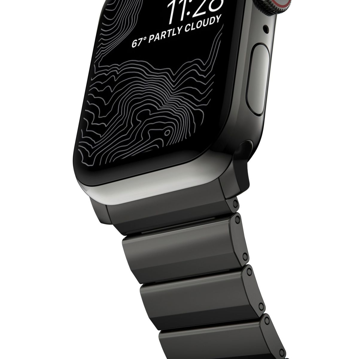Nahaufnahme einer schwarzen Smartwatch mit dunklem Bildschirm, der Zeit und Wetter anzeigt.
