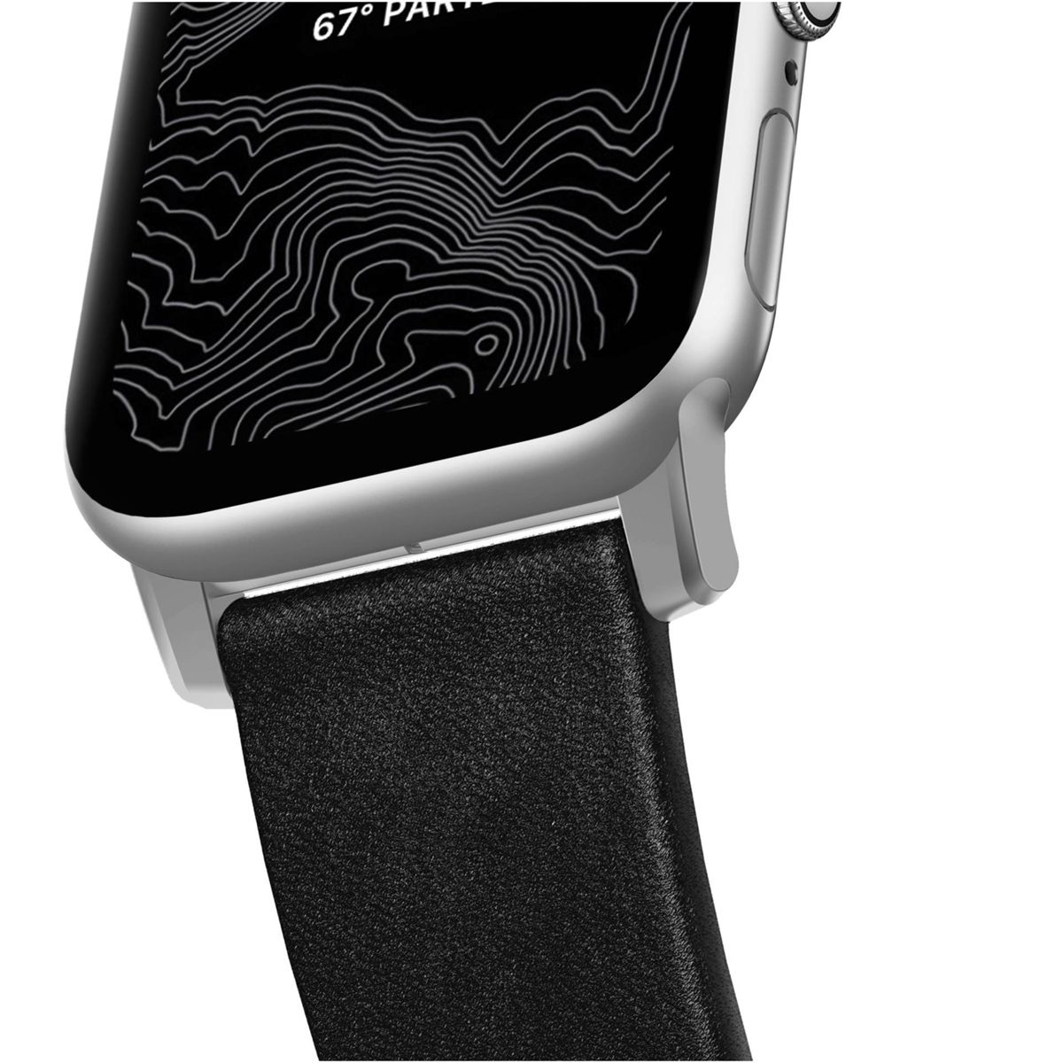 Eine Nahaufnahme einer Smartwatch mit schwarzem Lederarmband wird gezeigt.