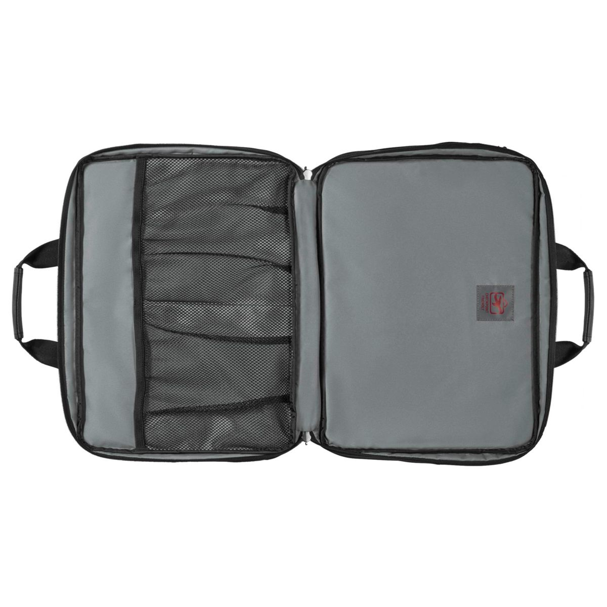 Offene Reisetasche. Mit mehreren Fächern und Netztaschen zum Organisieren von Gegenständen.