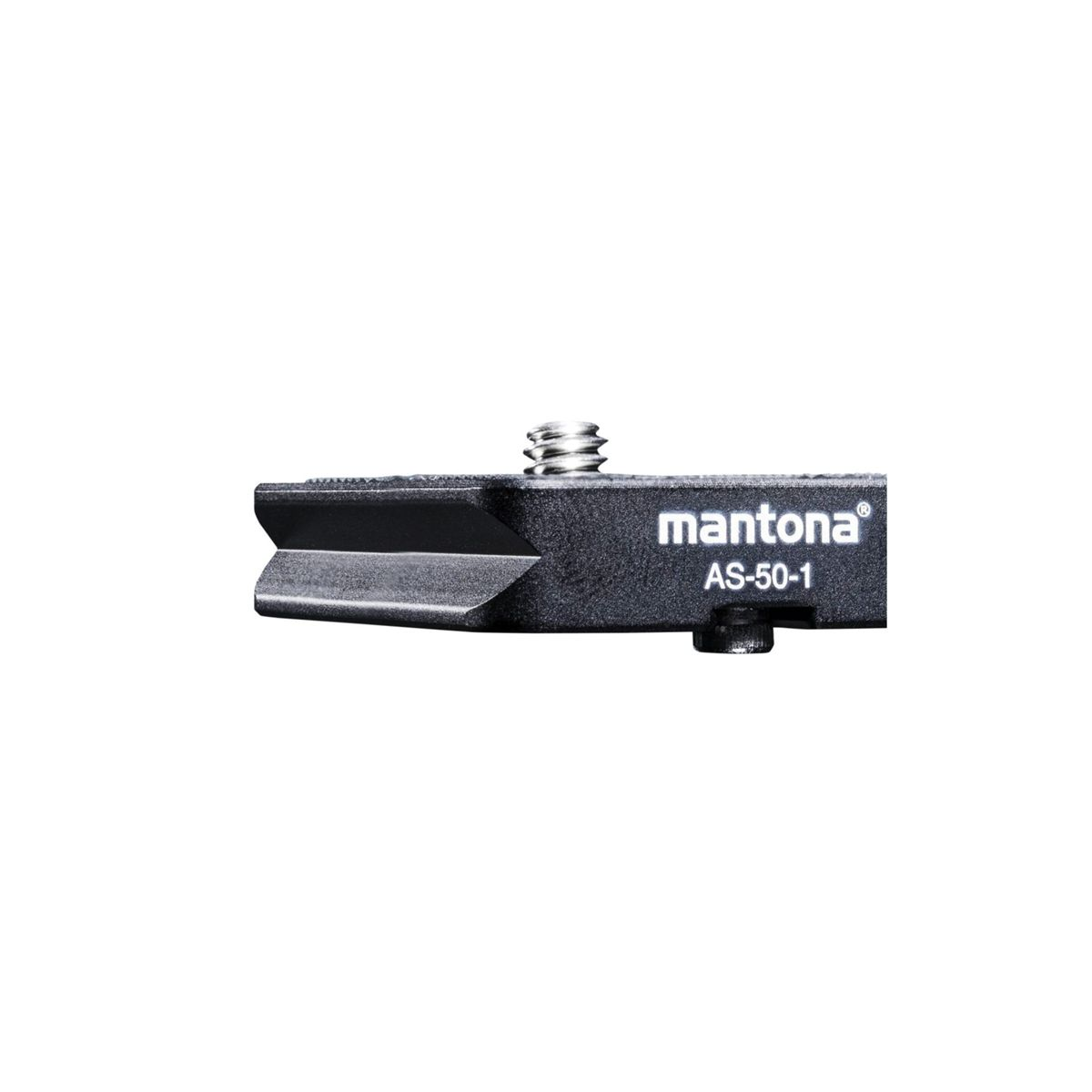Un supporto per fotocamera nero con etichetta mantona AS-50-1 su sfondo bianco.