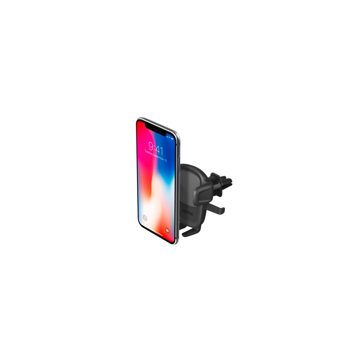 Schwarzer Autotelefonhalter mit Telefon. Das Telefon zeigt ein Display. Der Hintergrund ist weiß.