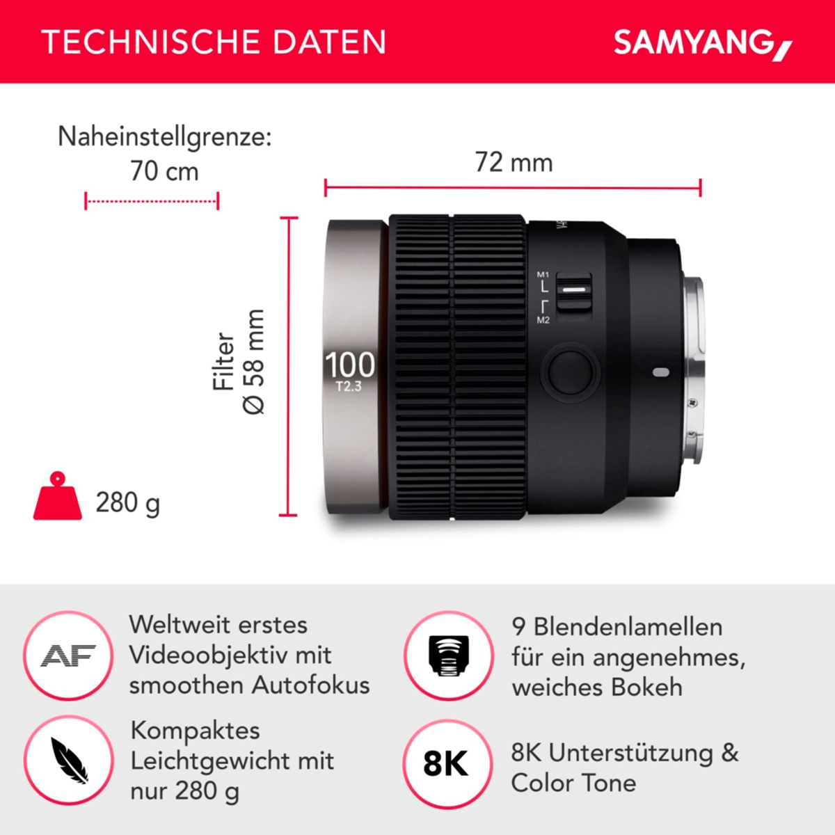 Objectif d'appareil photo noir et argenté avec données techniques et mesures.
