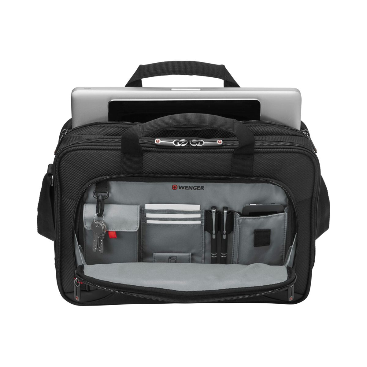 Schwarze Wenger Laptoptasche, geöffnet mit Fächern für Schlüssel, Stifte und Laptop.