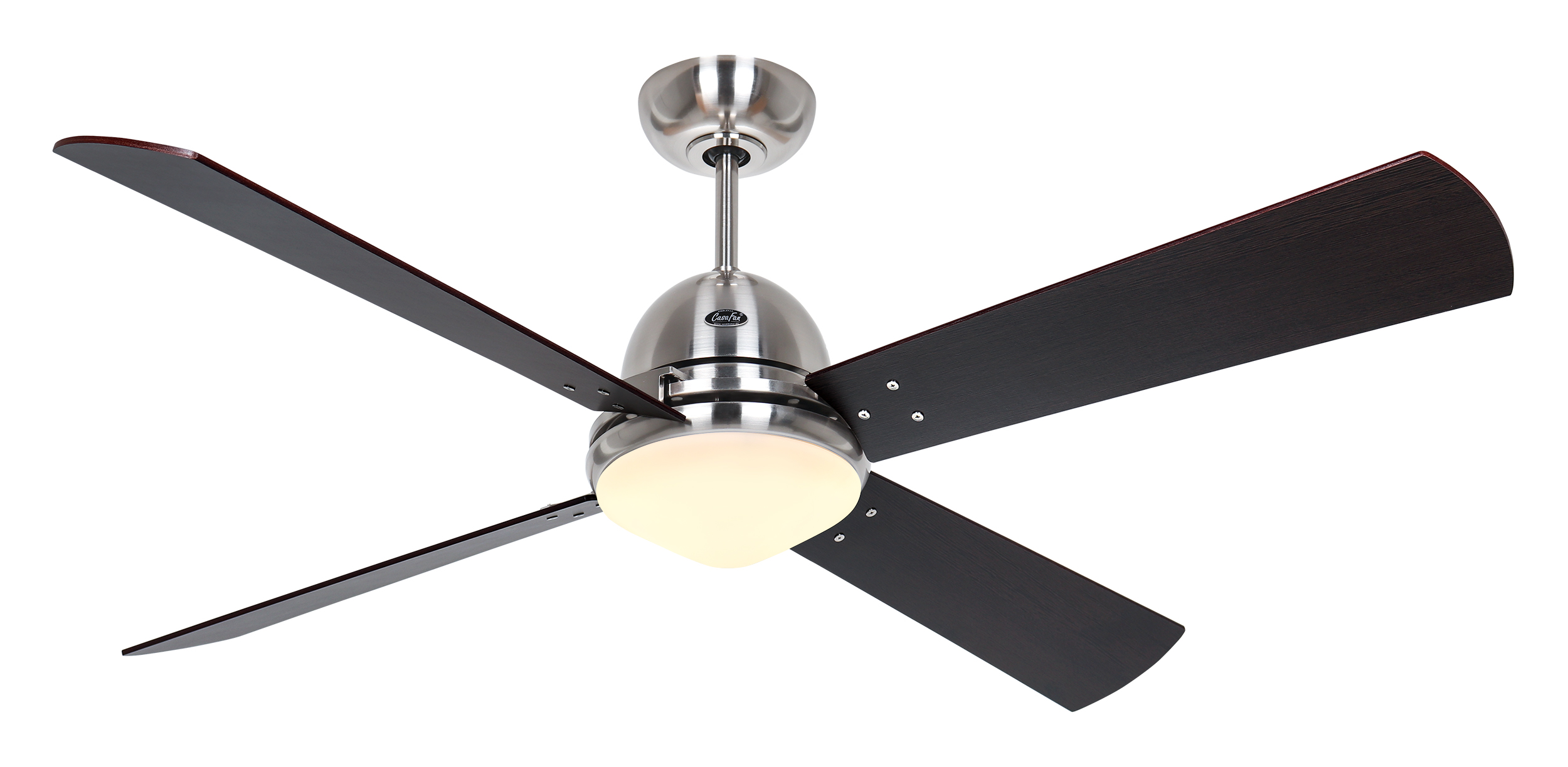 Deckenventilator mit vier schwarzen Flügeln und einem zentralen Licht. Silber und Schwarz. Weißer Hintergrund.