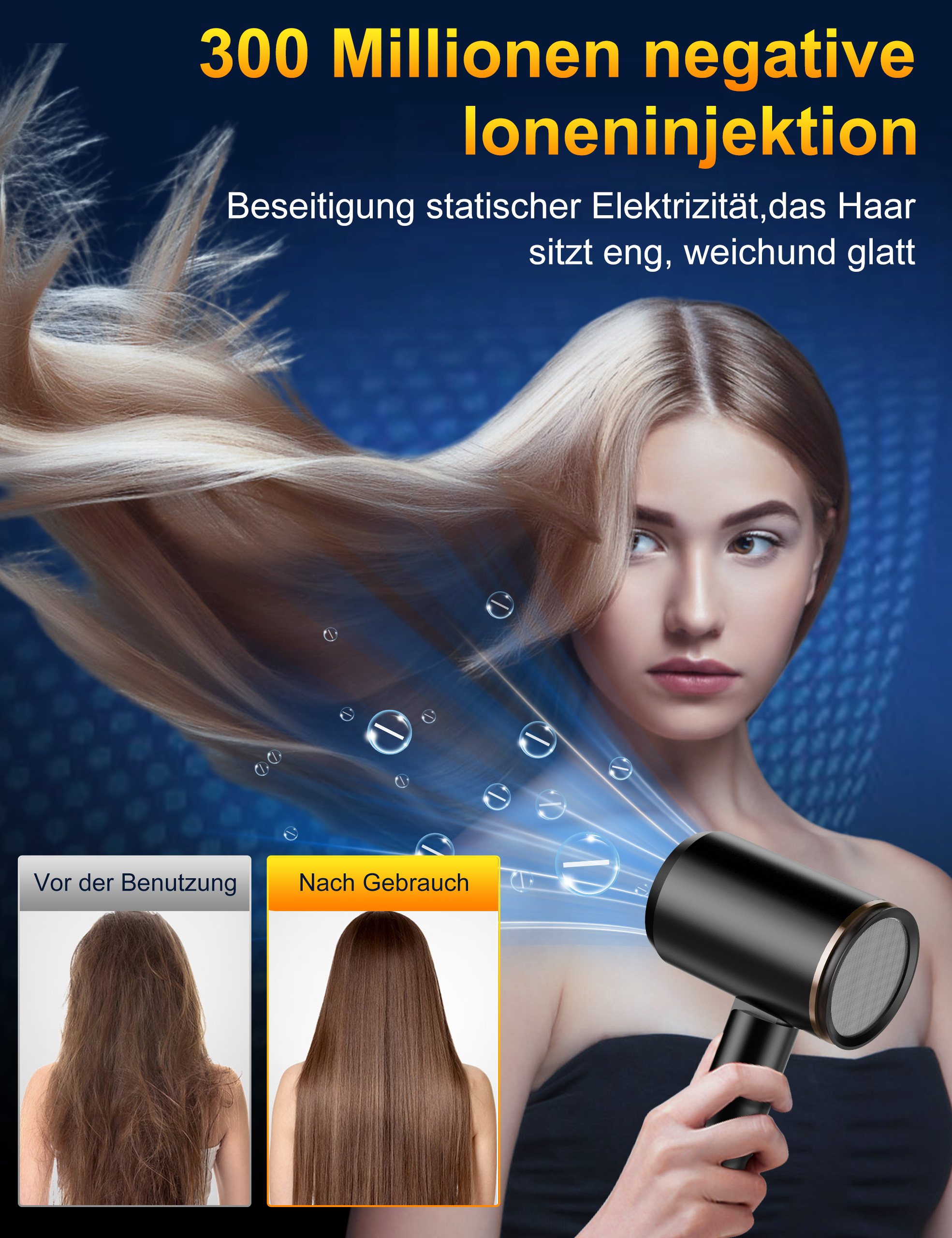 Frau benutzt einen schwarzen Haartrockner. Haare vor und nach der Anwendung werden gezeigt.