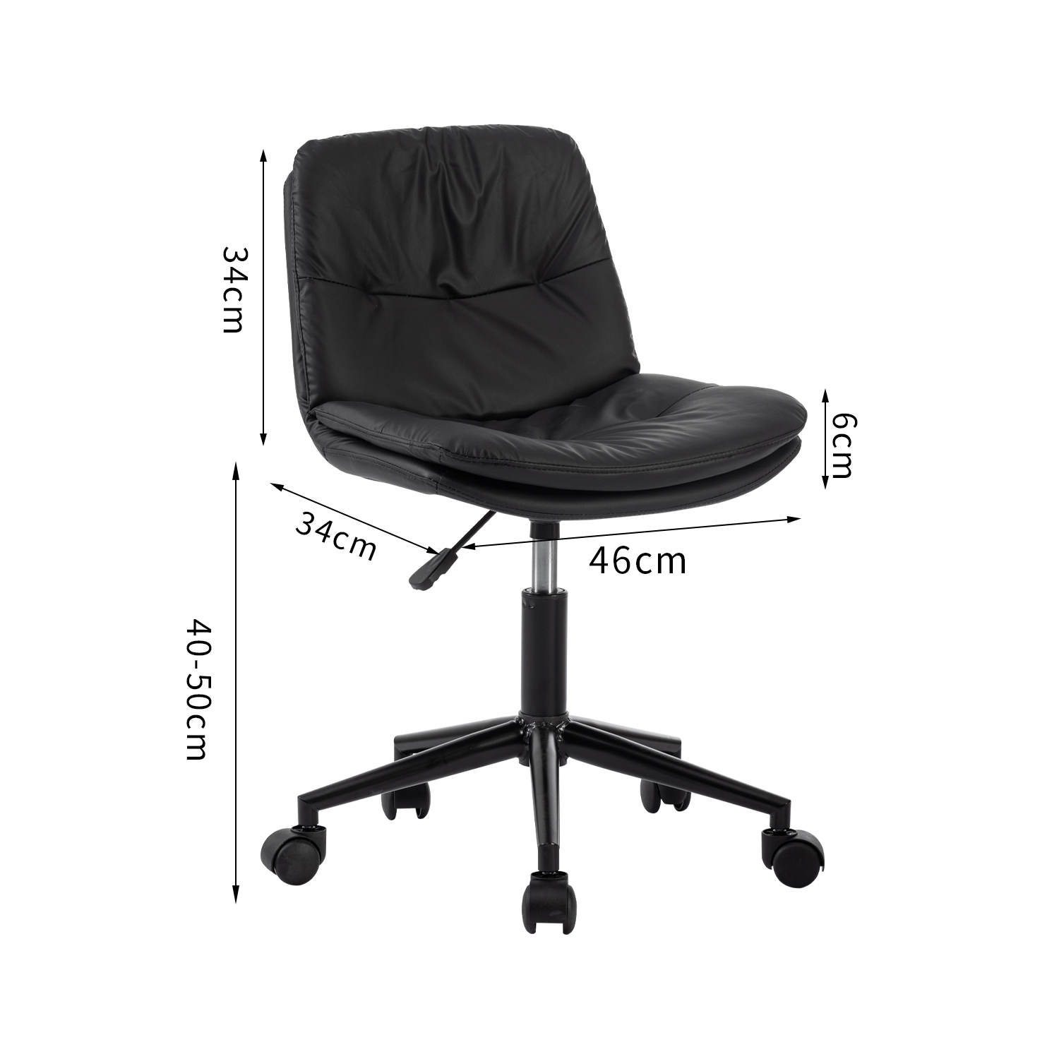Schwarzer Bürostuhl mit Maßen. Er hat ein schwarzes Gestell und einen Sitz mit den Maßen 34 cm x 46 cm.