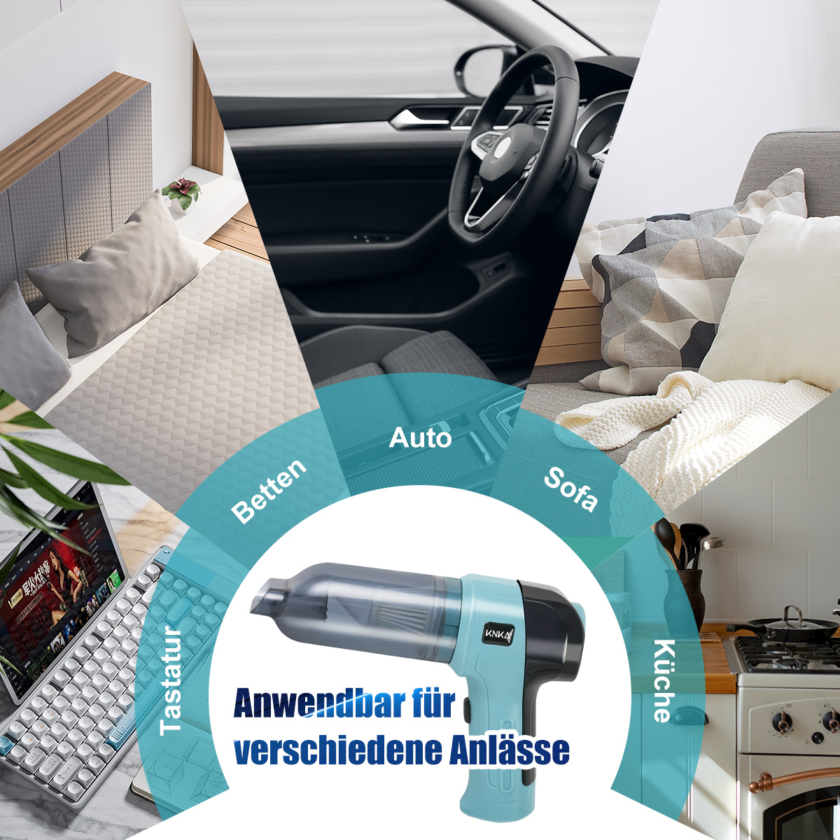 Ein Bild, das einen Staubsauger und verschiedene Einstellungen für die Verwendung zeigt, darunter Bett, Auto, Sofa und Küche.