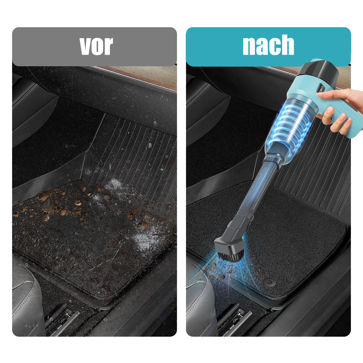 Vorher/Nachher-Bild. Schmutzige Automatte links, saubere Matte wird rechts gesaugt.
