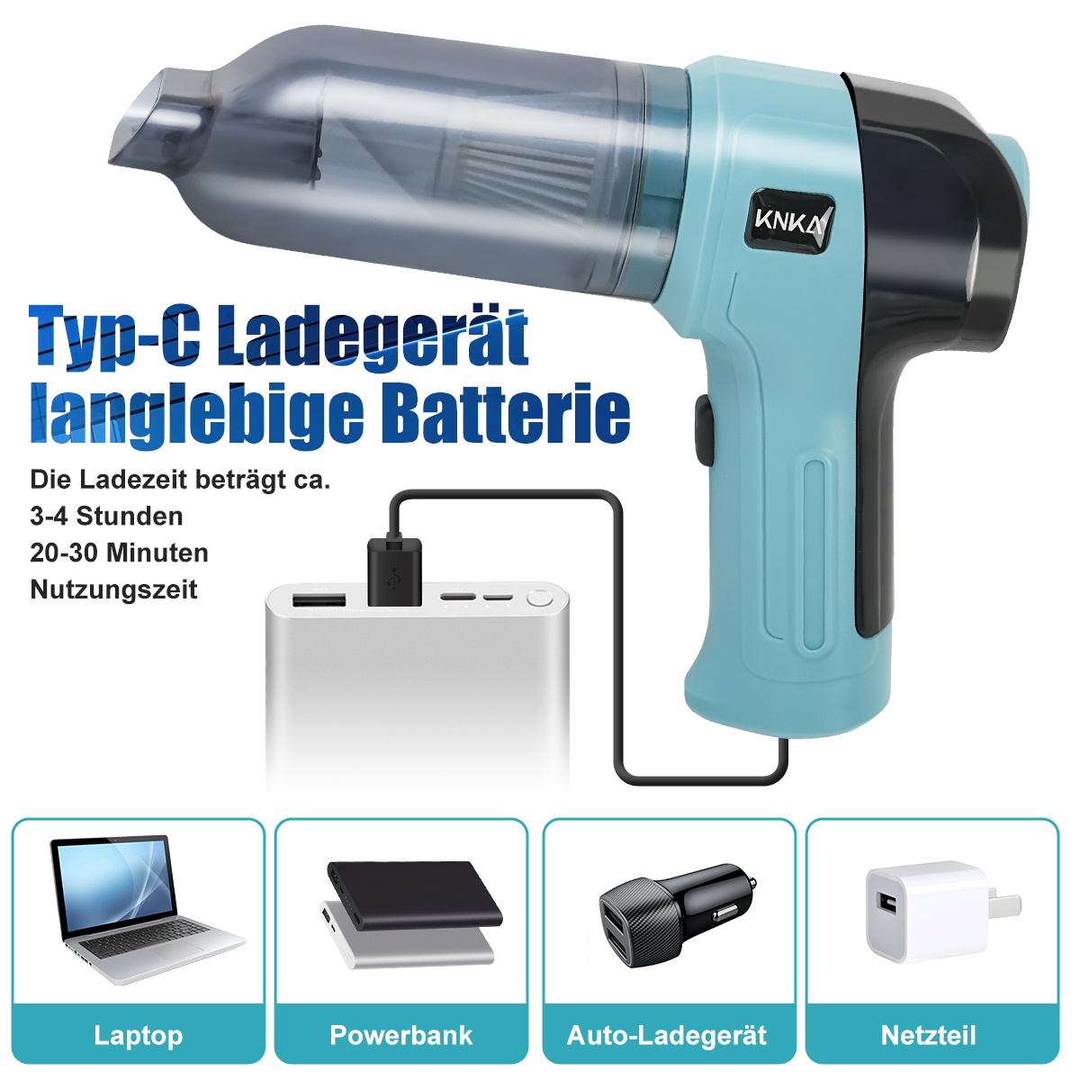 Ein blau-schwarzer Handstaubsauger mit Ladekabel sowie Bildern von Laptop, Powerbank und Ladegerät.