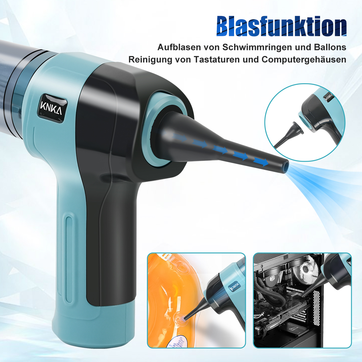 Ein türkis-schwarzes Gebläse mit blauem Luftstrom. Bilder zeigen die Verwendung auf Ballons und Computern.