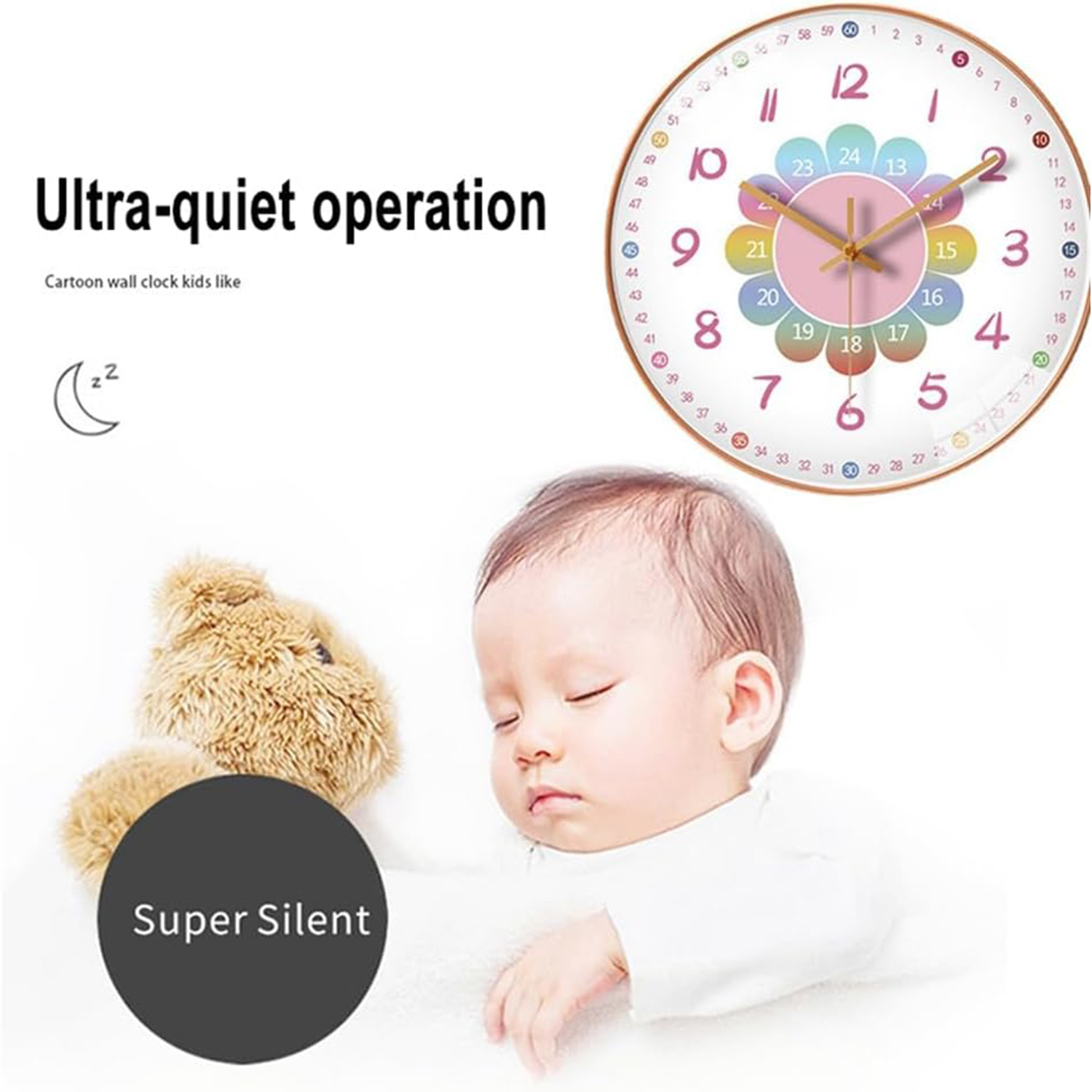 Ein schlafendes Baby mit einem Teddybären neben einer Cartoon-Uhr.