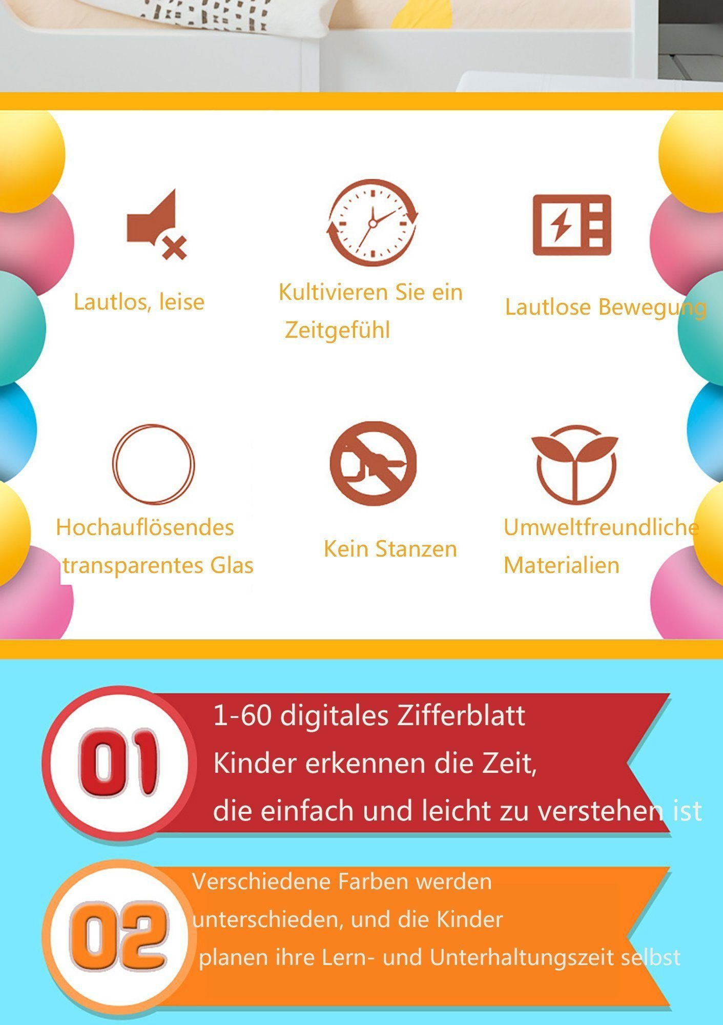 Diagramm mit deutschem Text, mit Symbolen und Beschreibungen über Lernen und Zeit.
