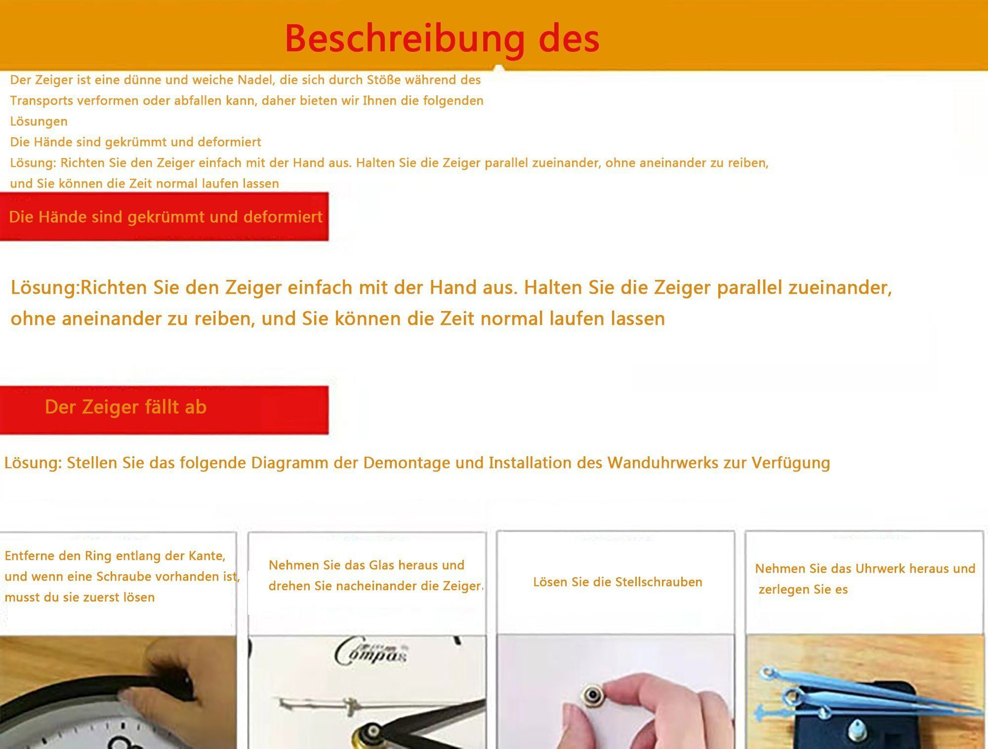 Textanweisungen zu einer Uhr. Zeigt Bilder von Zeigern und Montageschritten.