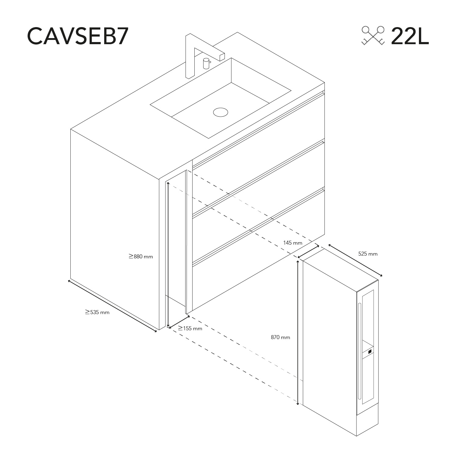 Dibujo isométrico de un mueble de baño con medidas y un lavabo.