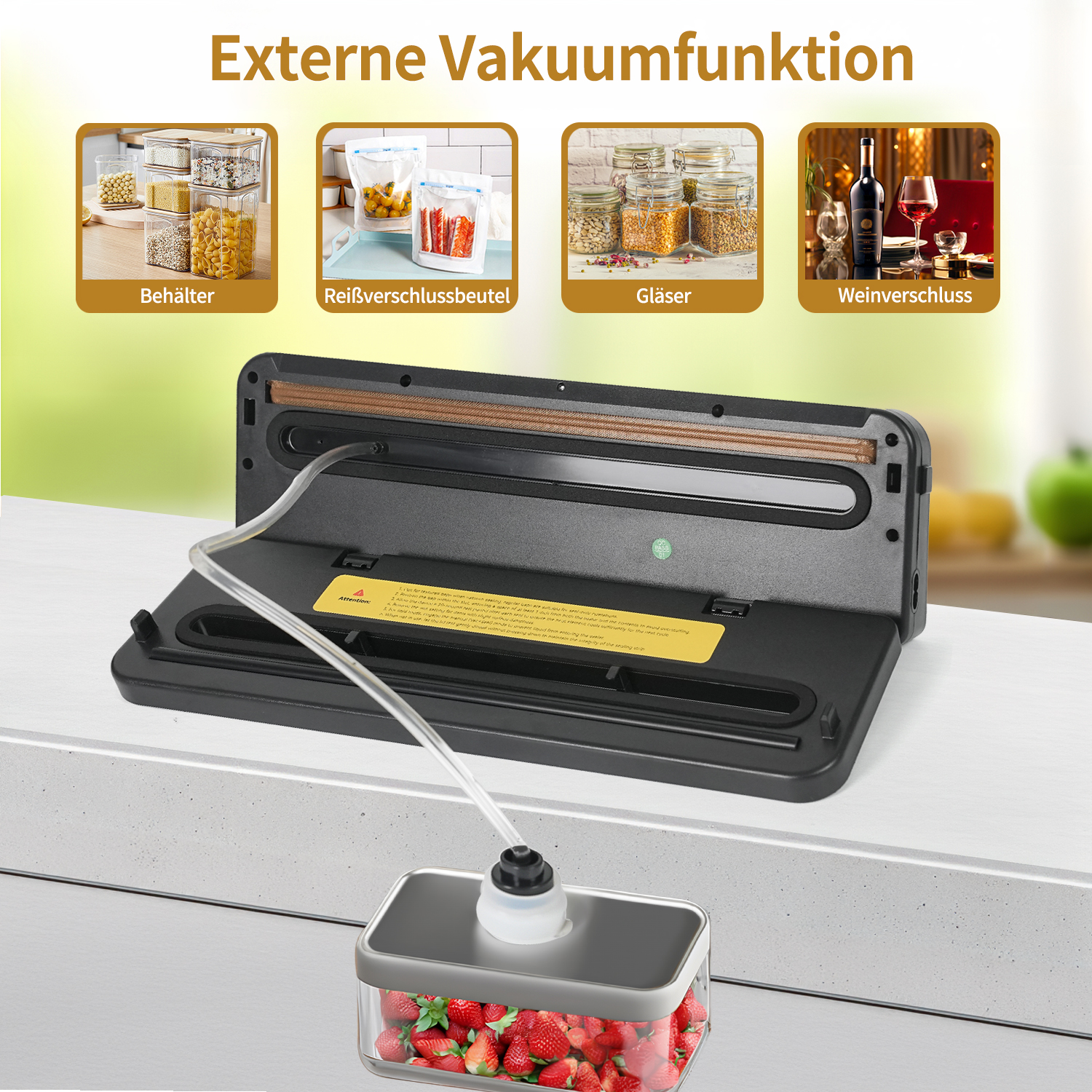 Vakuumiergerät mit verschiedenen Lebensmittelbehältern. Die Maschine ist schwarz mit einem transparenten Behälter mit Erdbeeren.