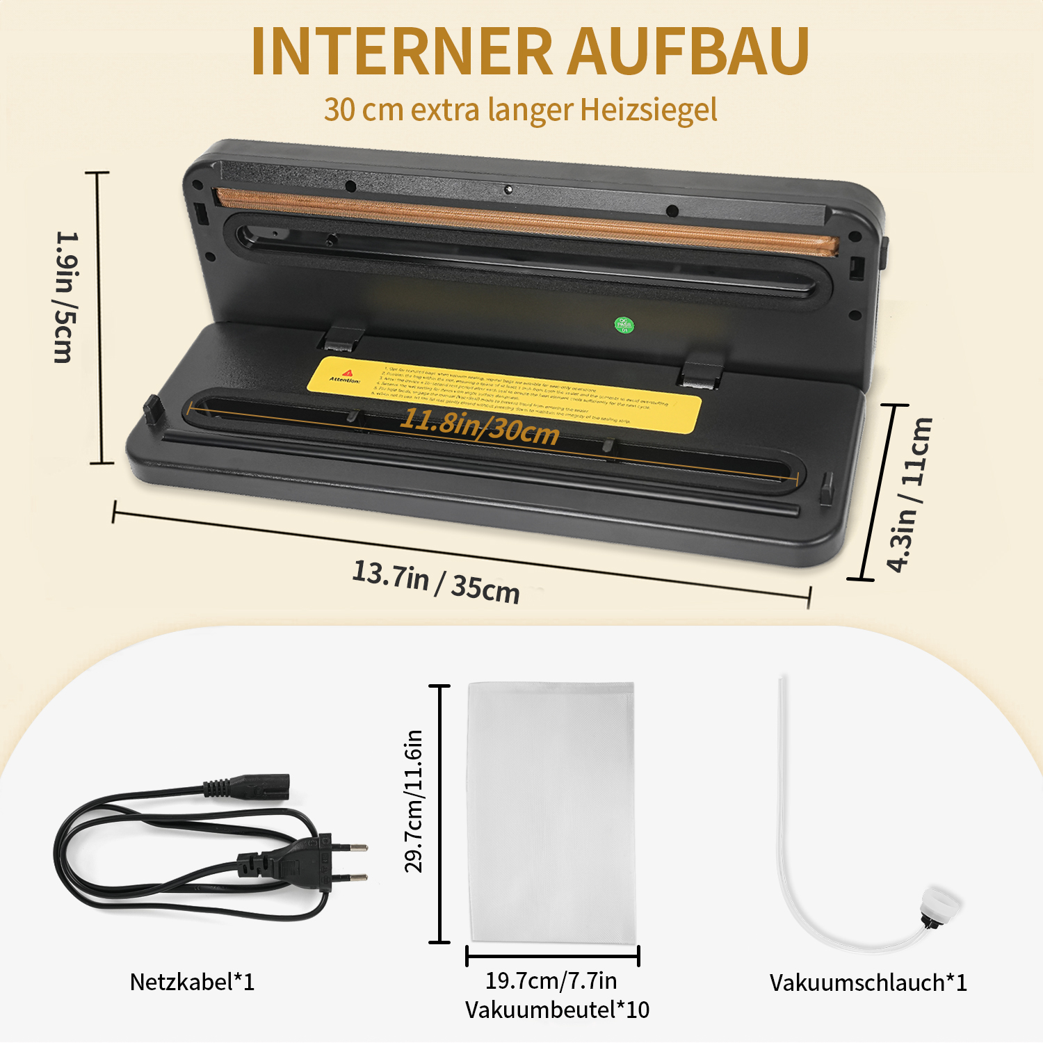 Schwarzes Vakuumiergerät mit Abmessungen und Zubehör wie Kabel und Beutel.