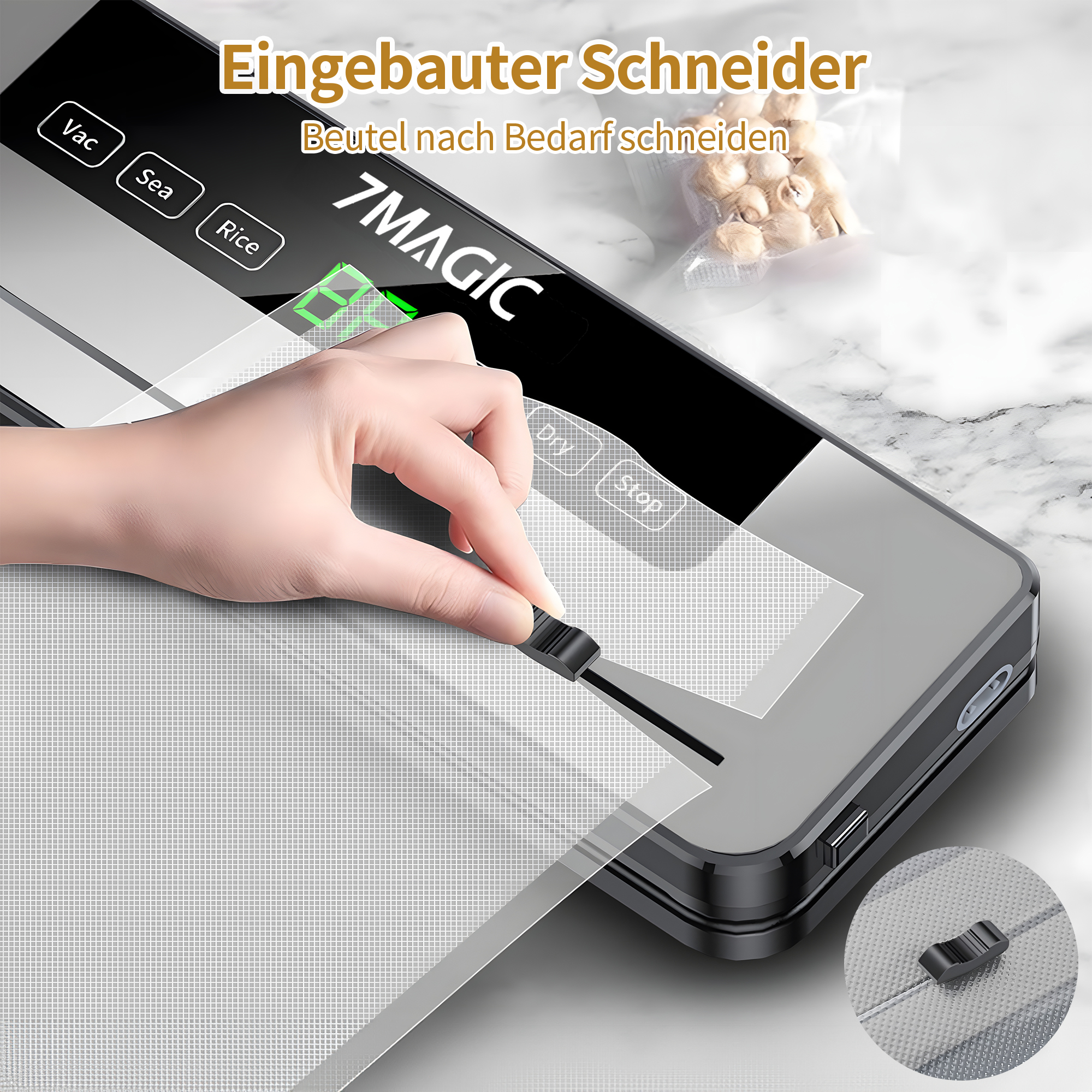 Eine Hand bedient eine schwarze Vakuumversiegelungsmaschine mit weißem Beutel.