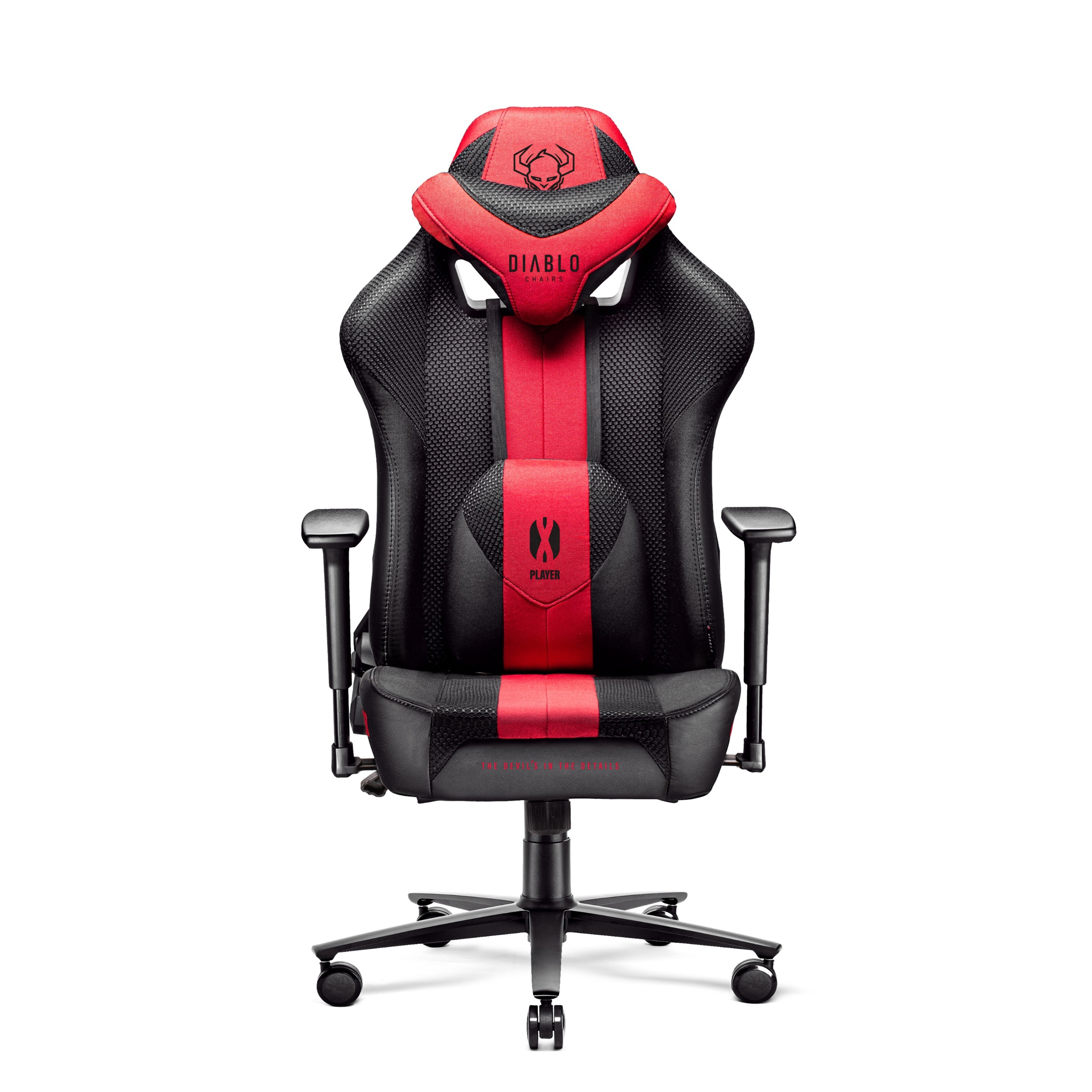 Czarno-czerwony fotel gamingowy z logo "DIABLO chairs" i napisem "PLAYER".