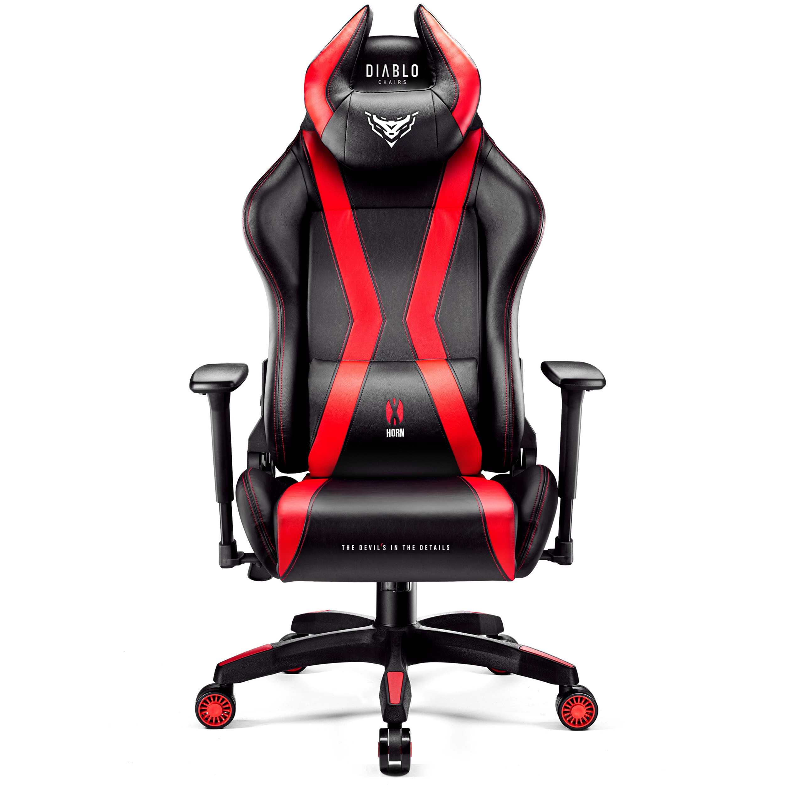 Krzesło gamingowe w czerwono-czarnym designie. Logo Diablo Gaming i tekst 'The Devil's in the Details'.