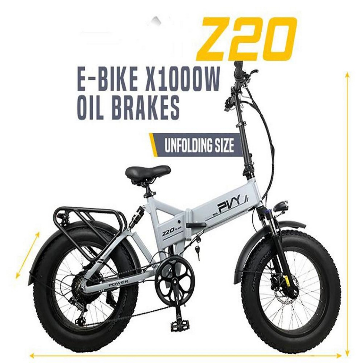 Ein graues E-Bike mit schwarzen Reifen und Komponenten, mit Text überlagert.