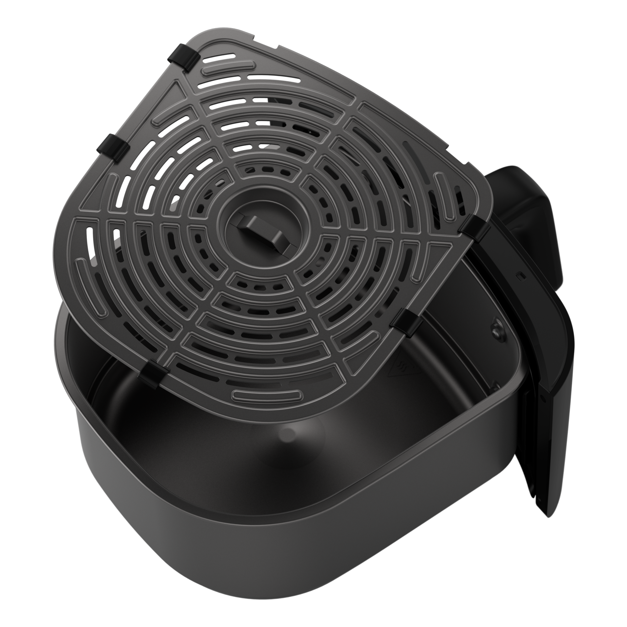 Frytkownica beztłuszczowa z wyjmowanym koszem i tacką. Tło czarne.