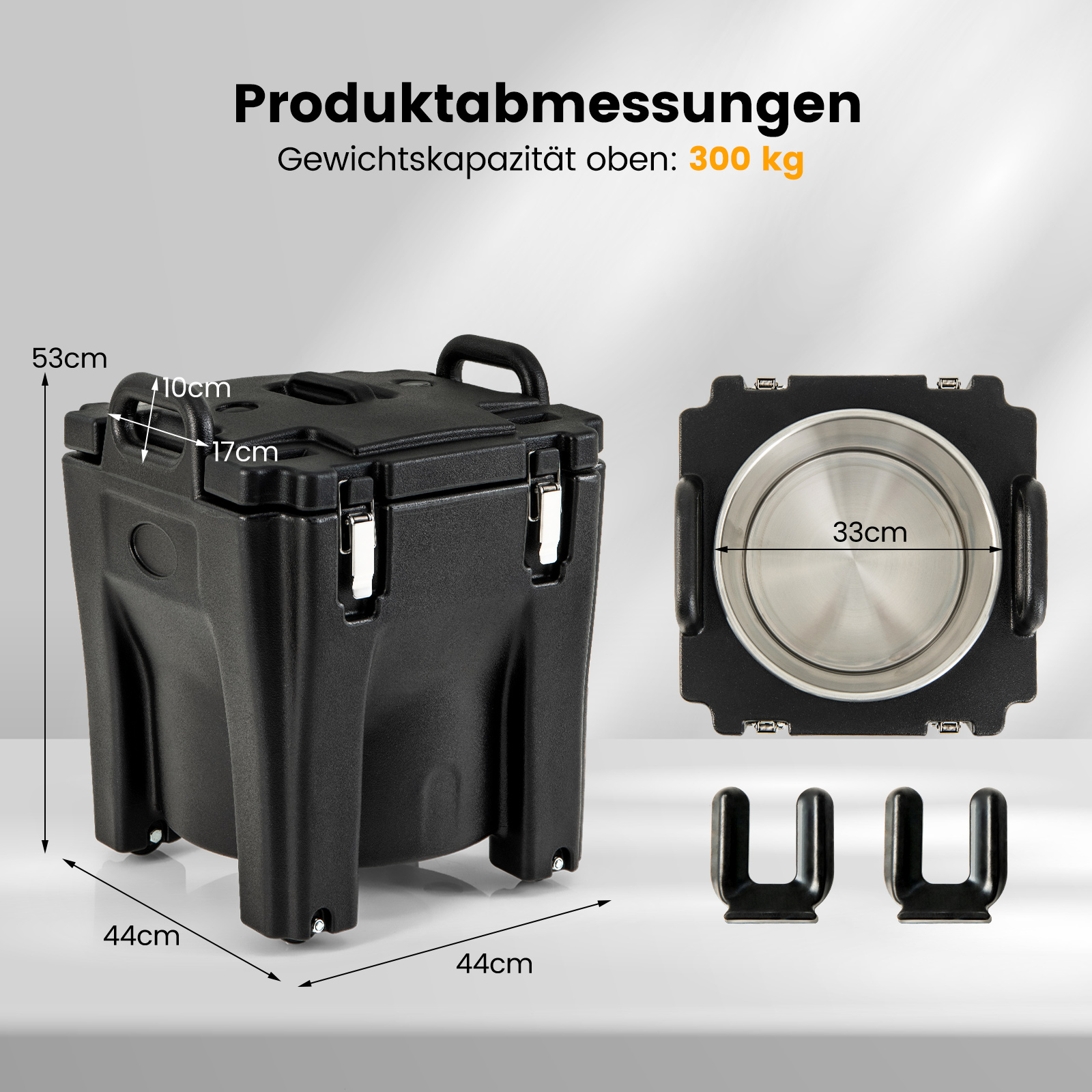 Schwarzer Wärmeisolierbehälter mit Maßen. Schräge Ansicht.