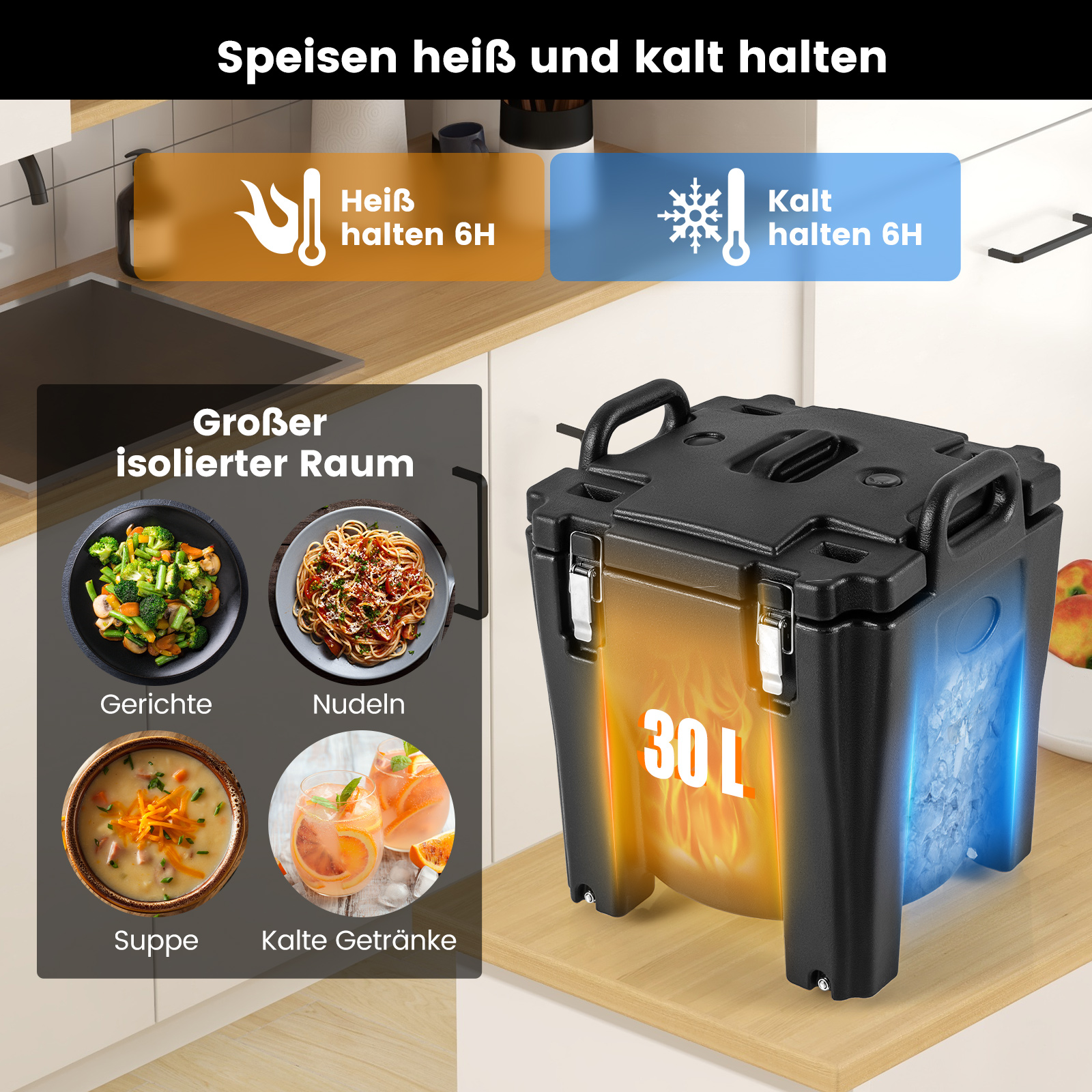 Ein schwarzer isolierter Lebensmittelbehälter mit Bildern von heißen und kalten Speisen.