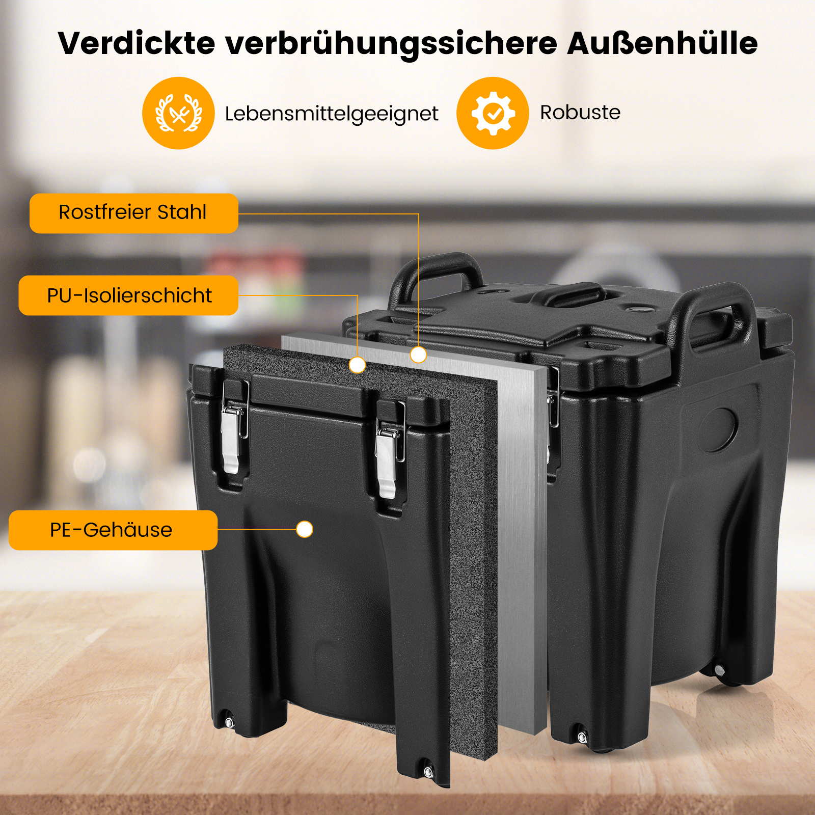 Schnittansicht eines schwarzen isolierten Lebensmittelbehälters, mit Materialschichten.