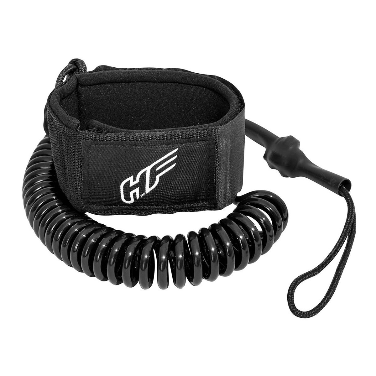 Czarna smycz do surfingu ze zwiniętym kablem i opaską na nadgarstek.