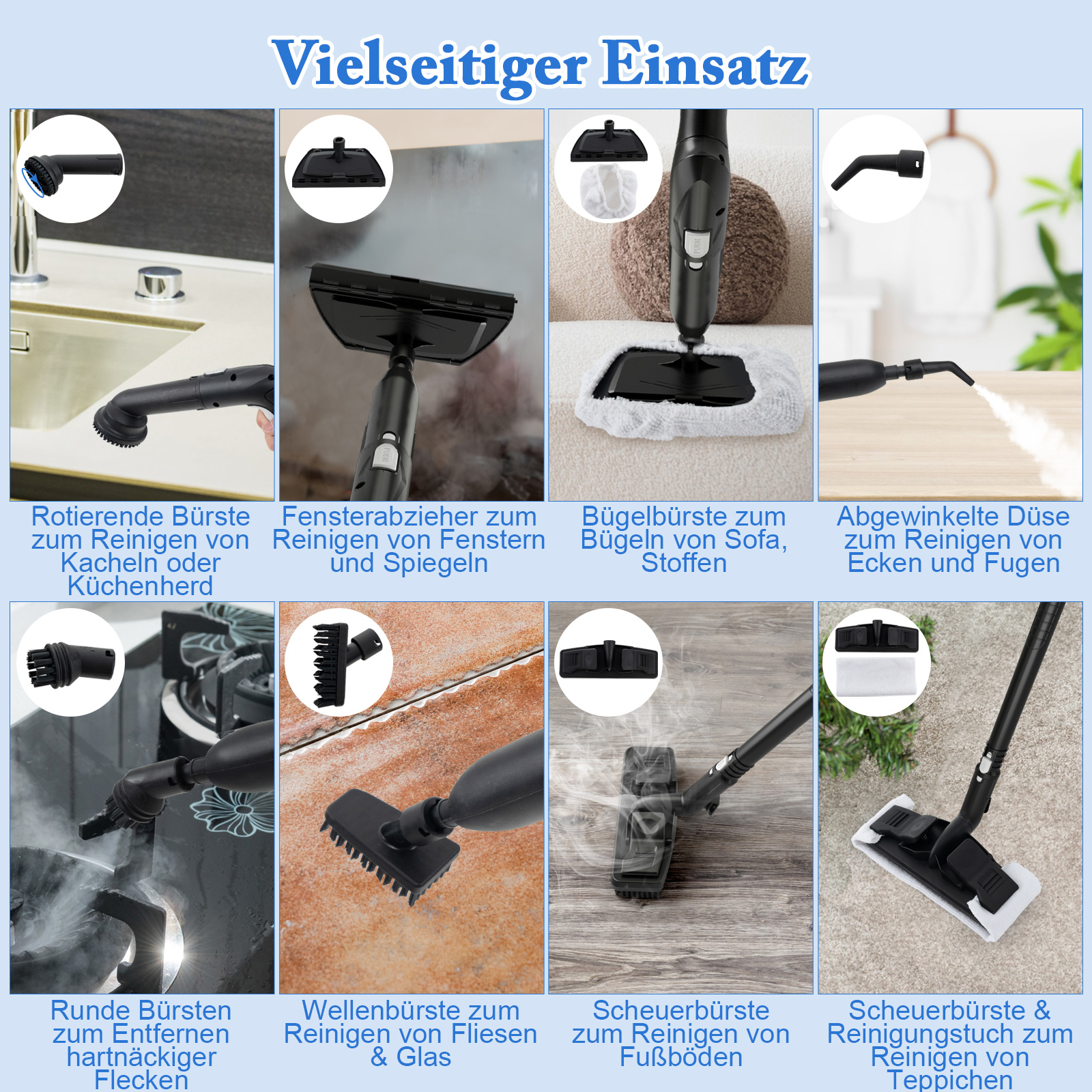 Bild mit verschiedenen Aufsätzen für einen Dampfreiniger, Text auf Deutsch erklärt ihre Verwendung.